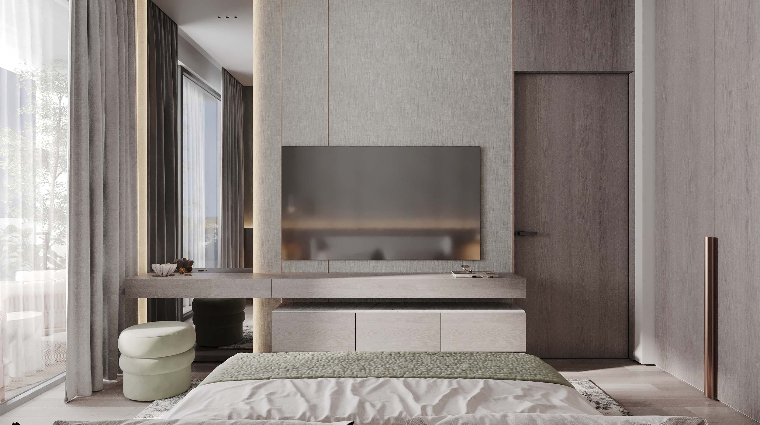 Cove Edition 6 By Imtiaz 1 A modern bedroom featuring a bed with green bedding, TV on the wall, large windows, and sleek furnishings.