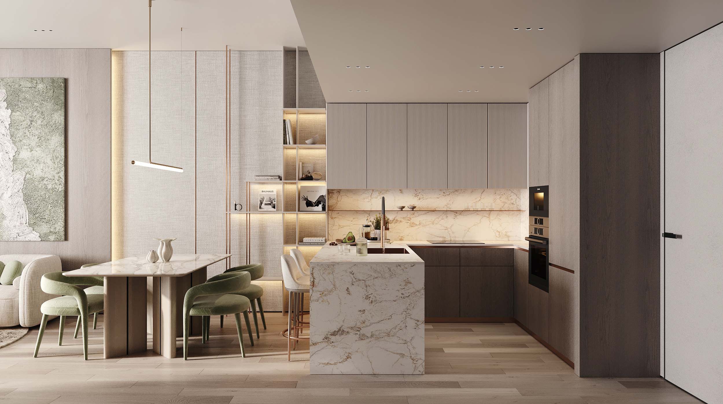 Cove Edition 6 By Imtiaz 1 A modern kitchen and dining area featuring marble countertops, muted colors, and stylish furnishings.
