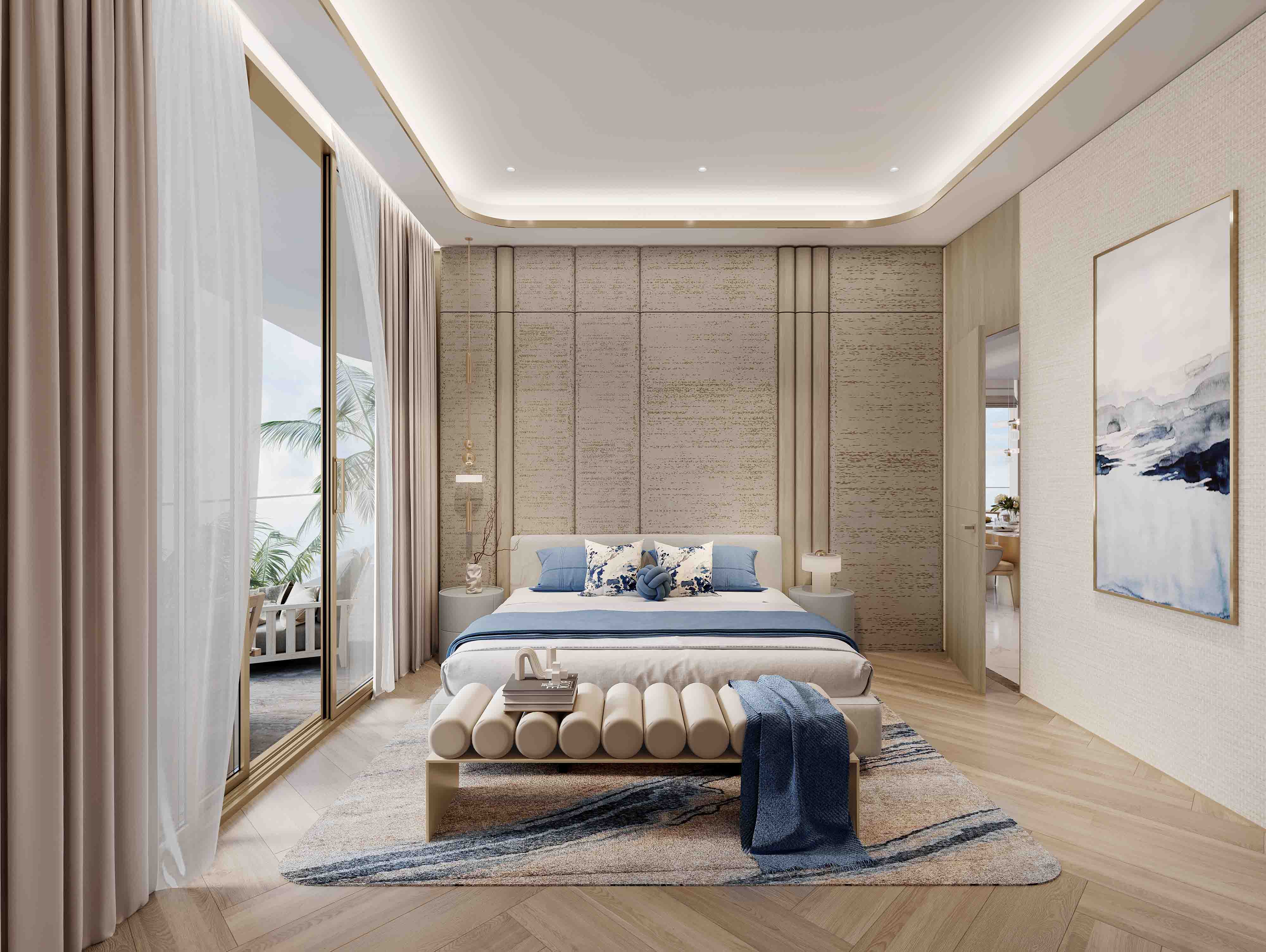 Beach Walk Grand 2 By Imtiaz Elegant bedroom with large windows, modern decor, blue accents, and a cozy seating area with plants visible outside.
