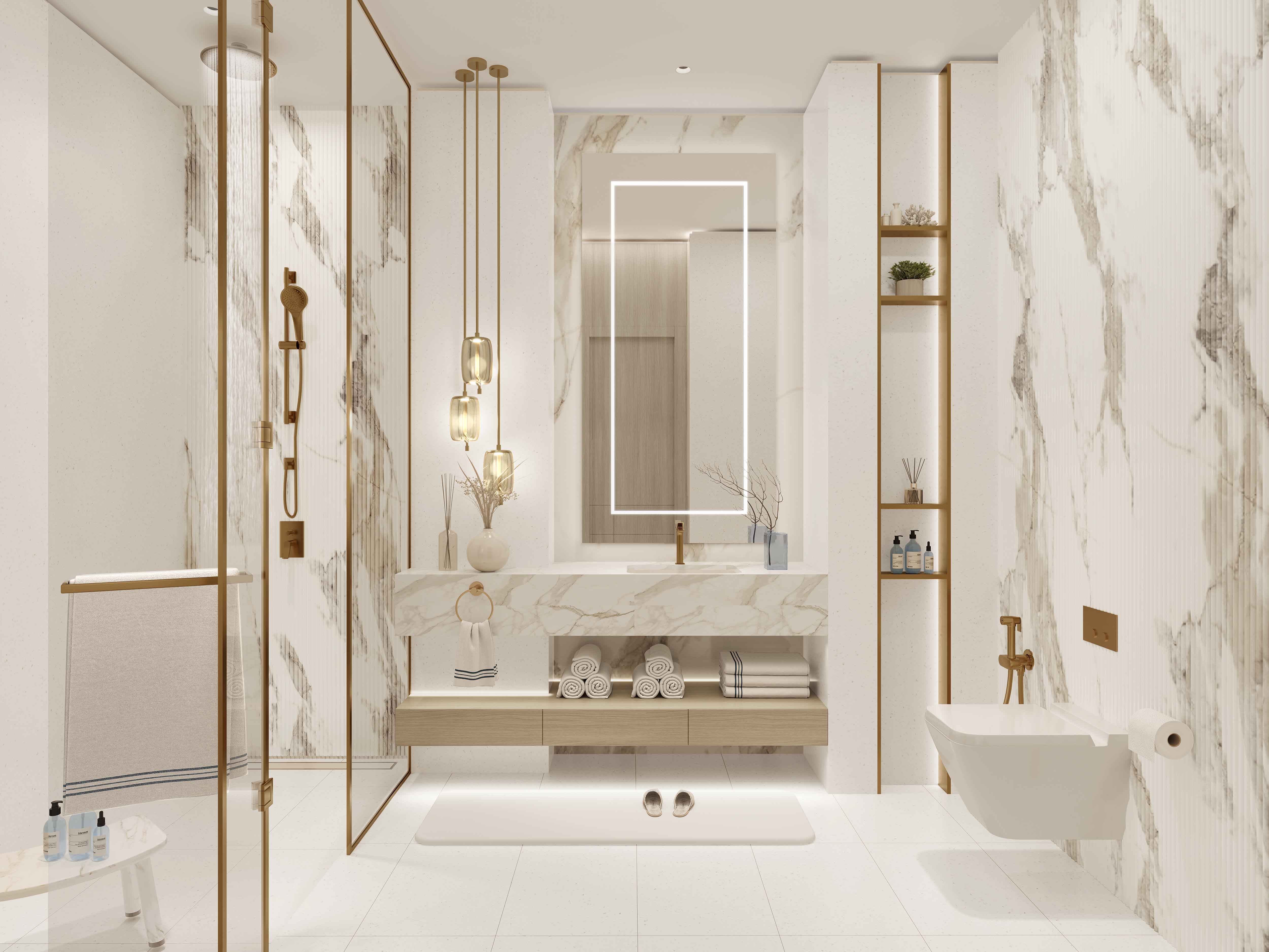 Beach Walk Grand 2 By Imtiaz A modern bathroom featuring marble walls, elegant lighting, a bathtub, and organized toiletries on shelves.