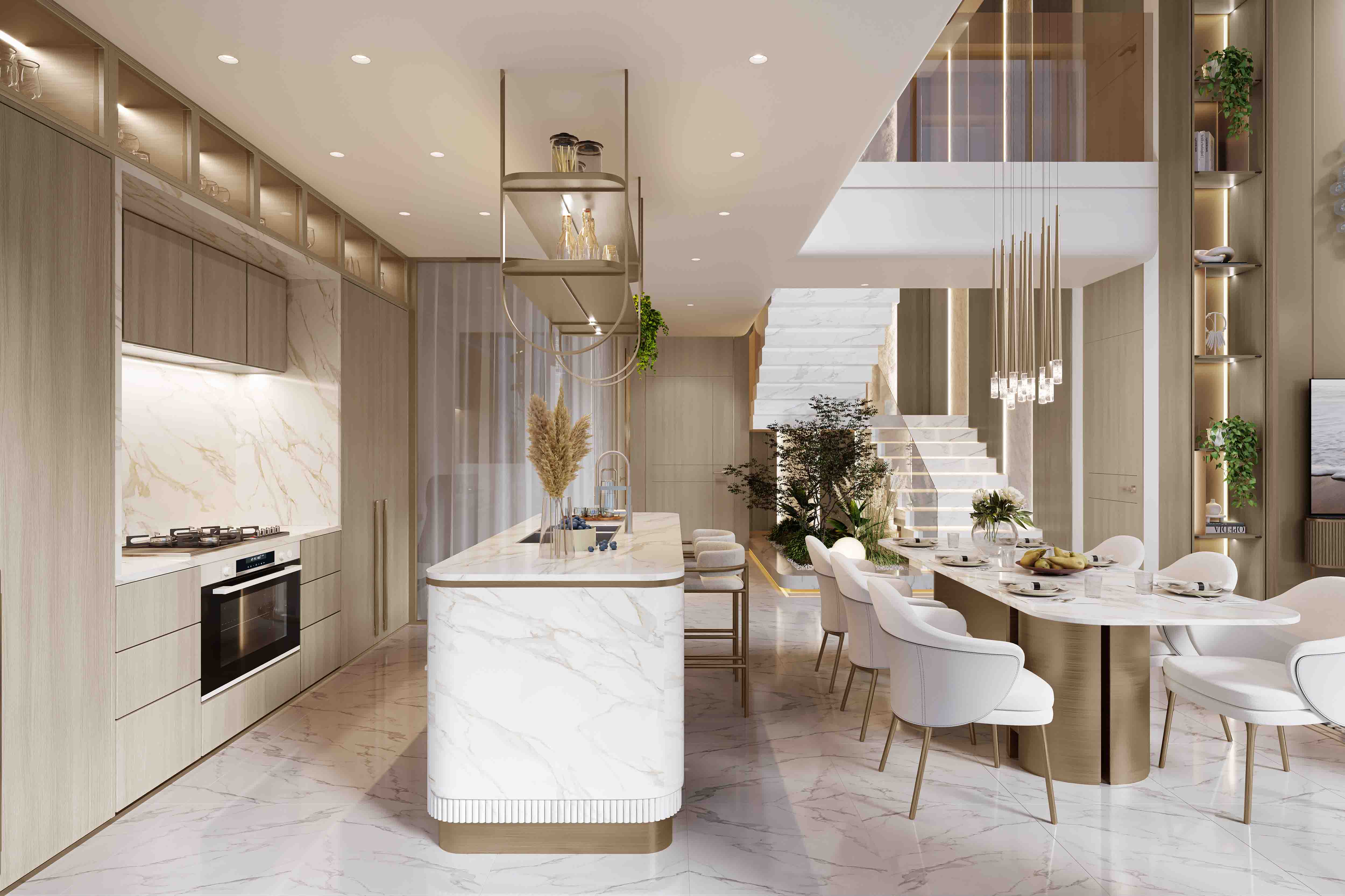 Beach Walk Grand 2 By Imtiaz Modern kitchen featuring a marble island, sleek cabinetry, and stylish dining area with white chairs and decor.