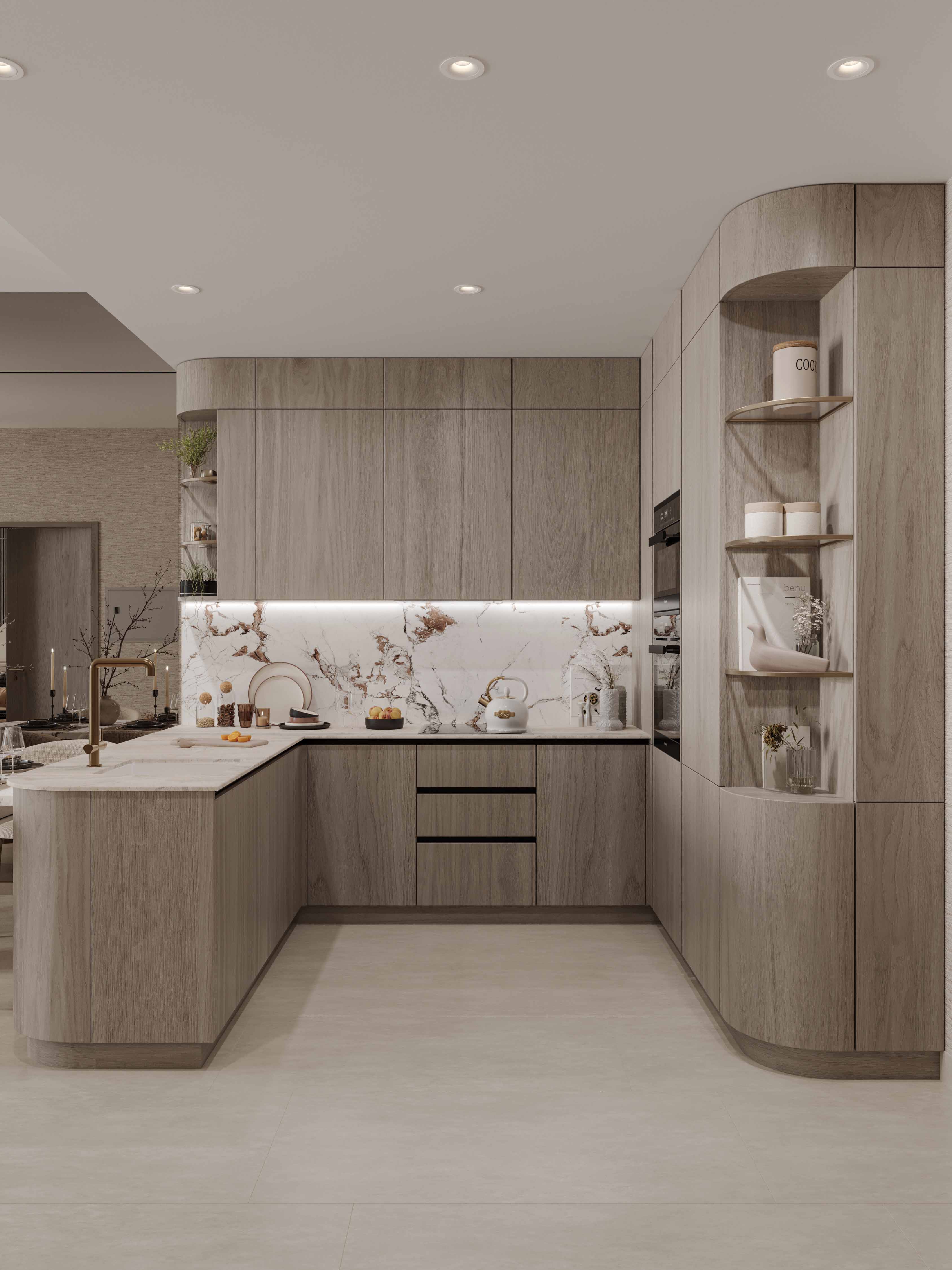 Pearl House 4 By Imtiaz Modern kitchen with wooden cabinetry, marble backsplash, and stylish lighting, featuring a sleek countertop and shelves.