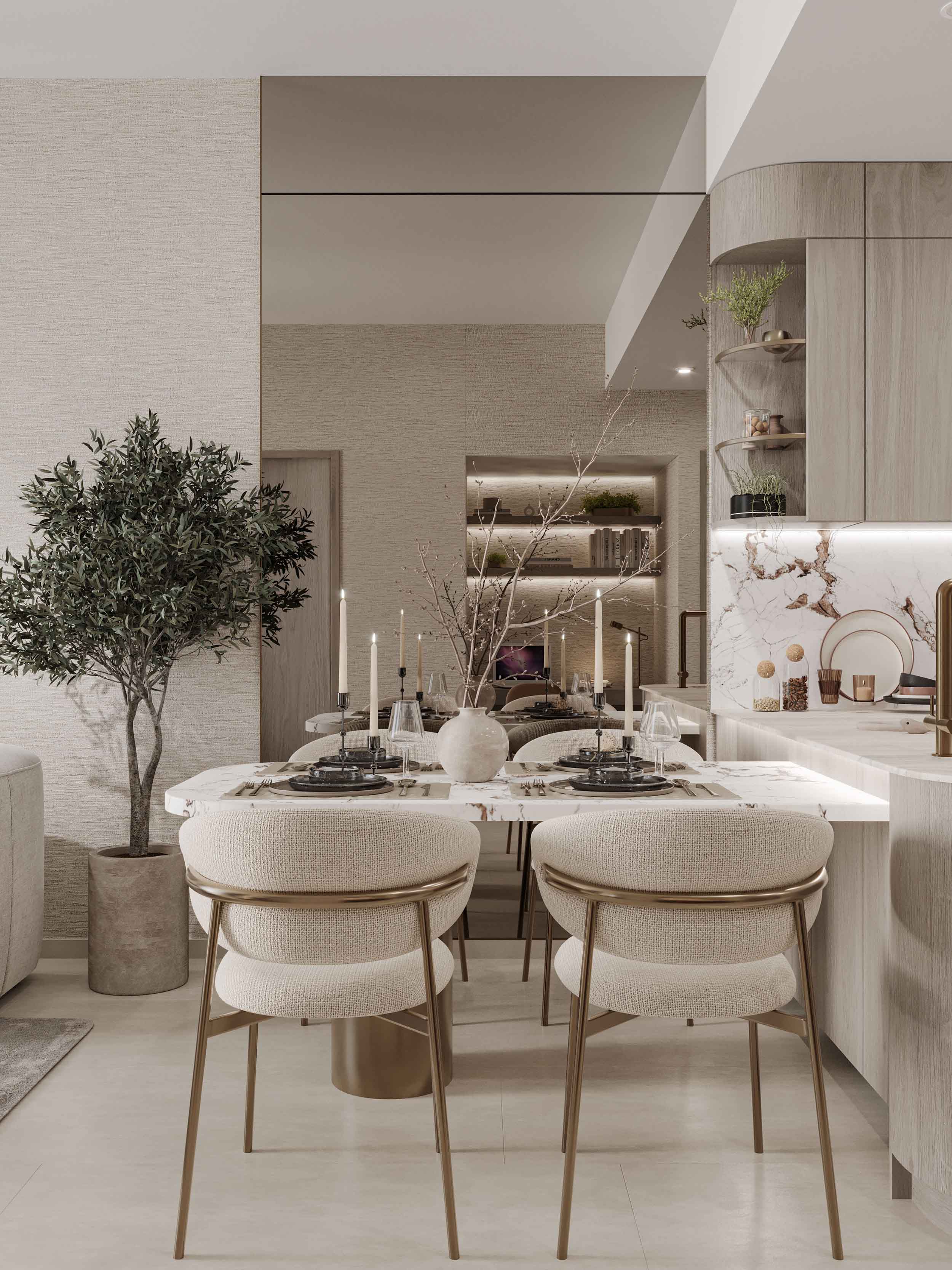 Pearl House 4 By Imtiaz A modern dining area featuring a marble table, elegant chairs, decorative plants, and stylish lighting fixtures.