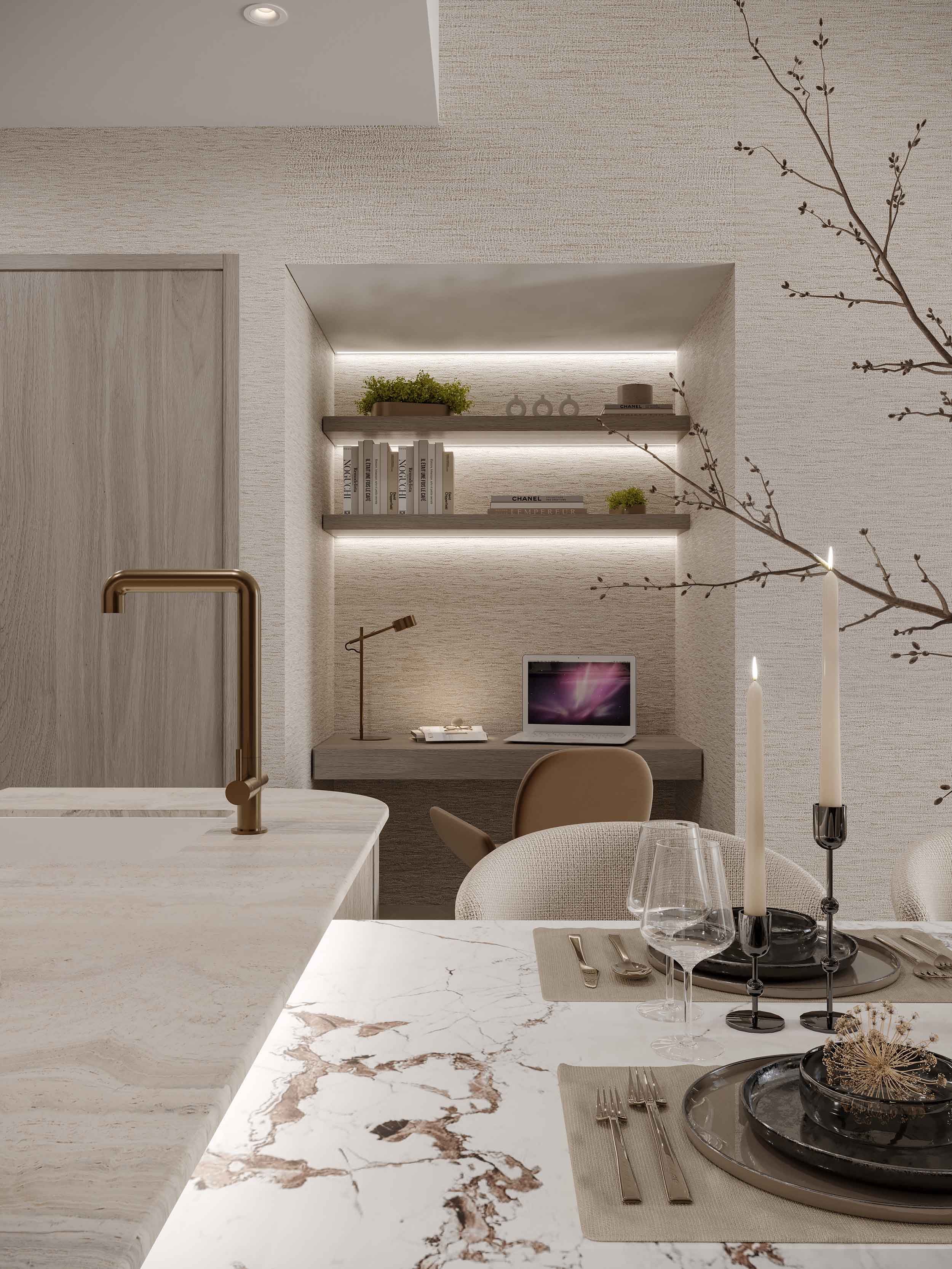 Pearl House 4 By Imtiaz Modern kitchen with elegant decor, featuring a dining table, workstation, and ambient lighting accents.