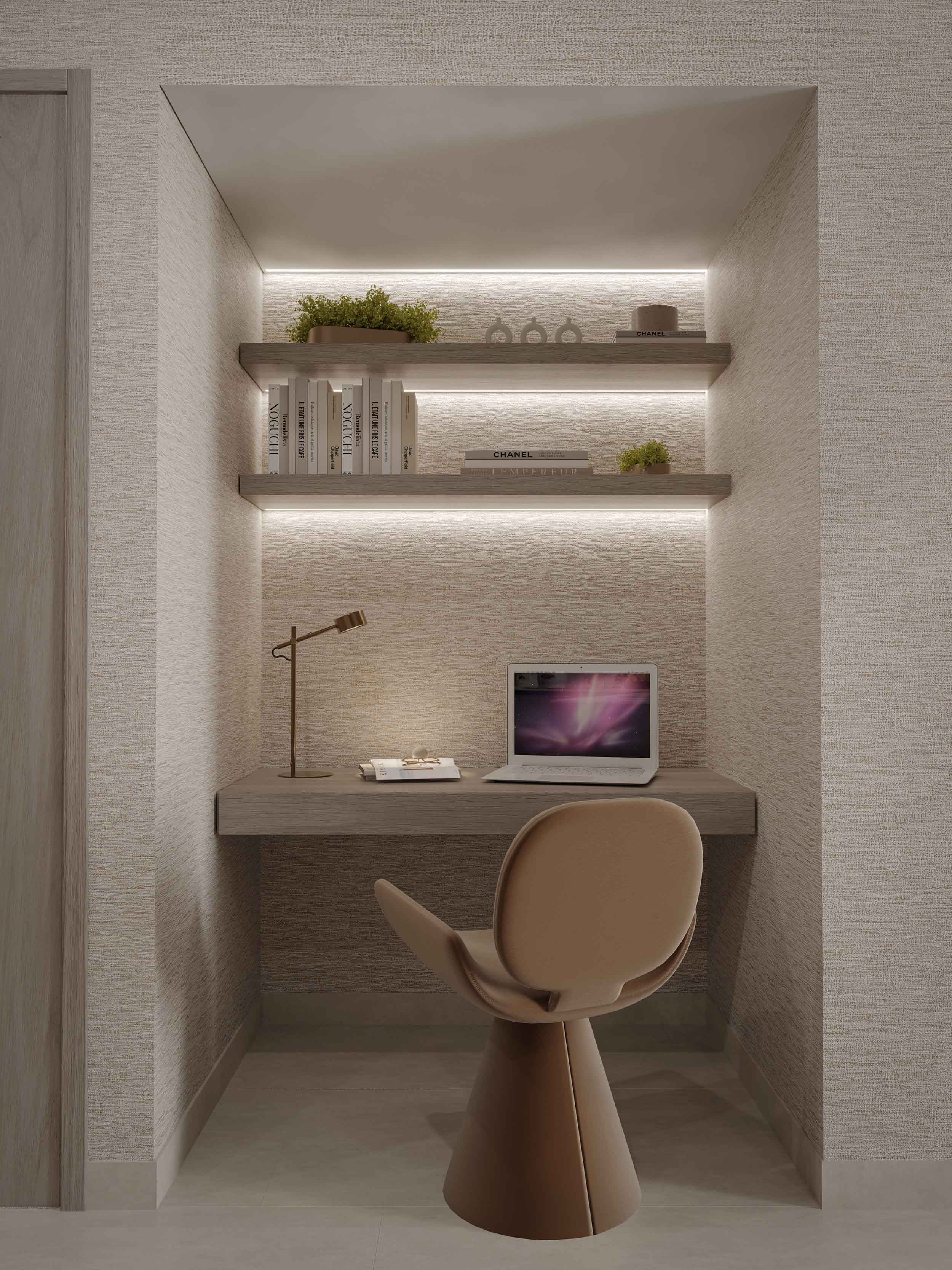 Pearl House 4 By Imtiaz A modern workspace featuring a desk, a laptop, decorative shelves with books, and a stylish chair.