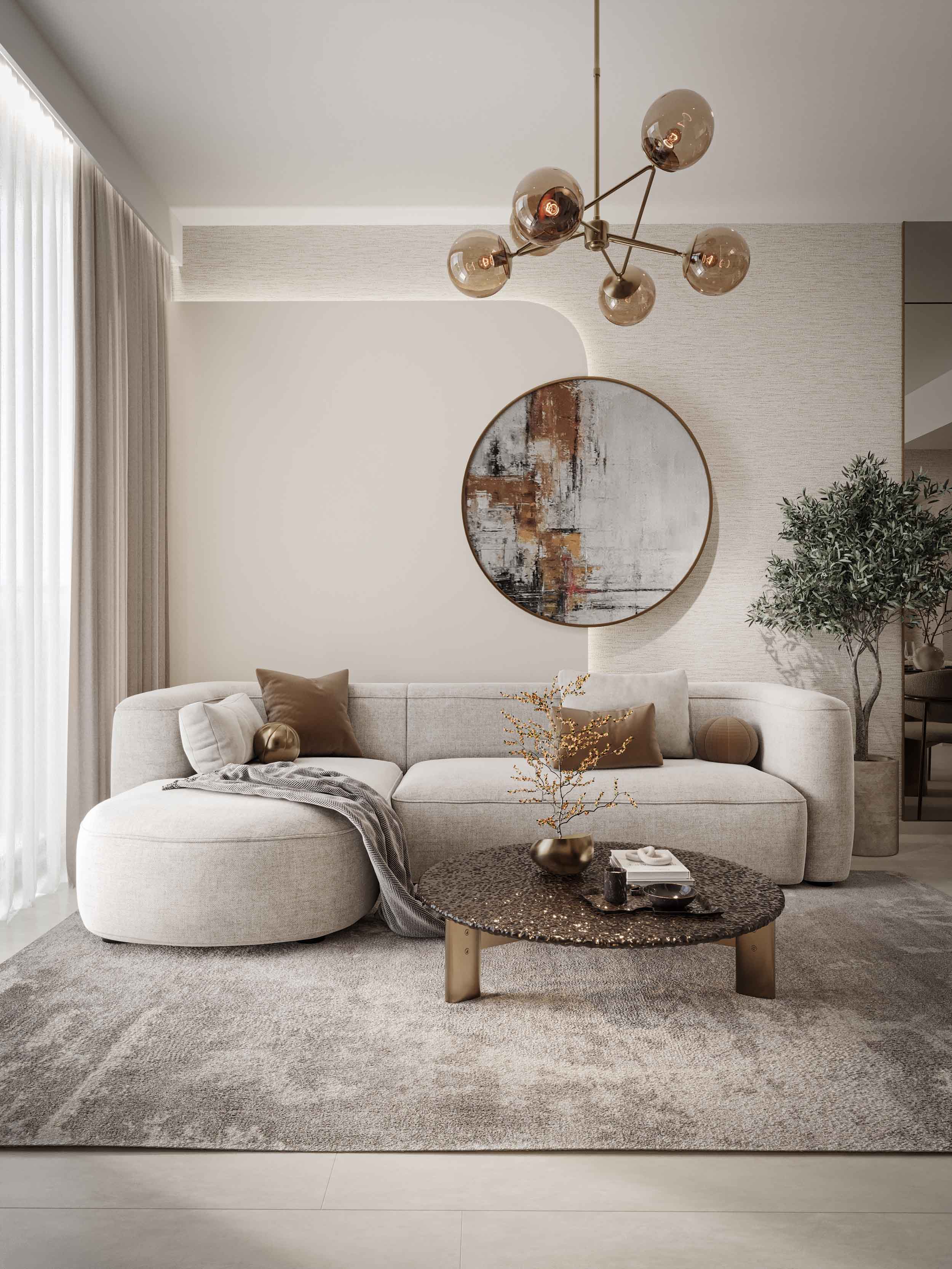 Pearl House 4 By Imtiaz A stylish living room featuring a light sofa, round coffee table, decorative plants, and modern lighting.