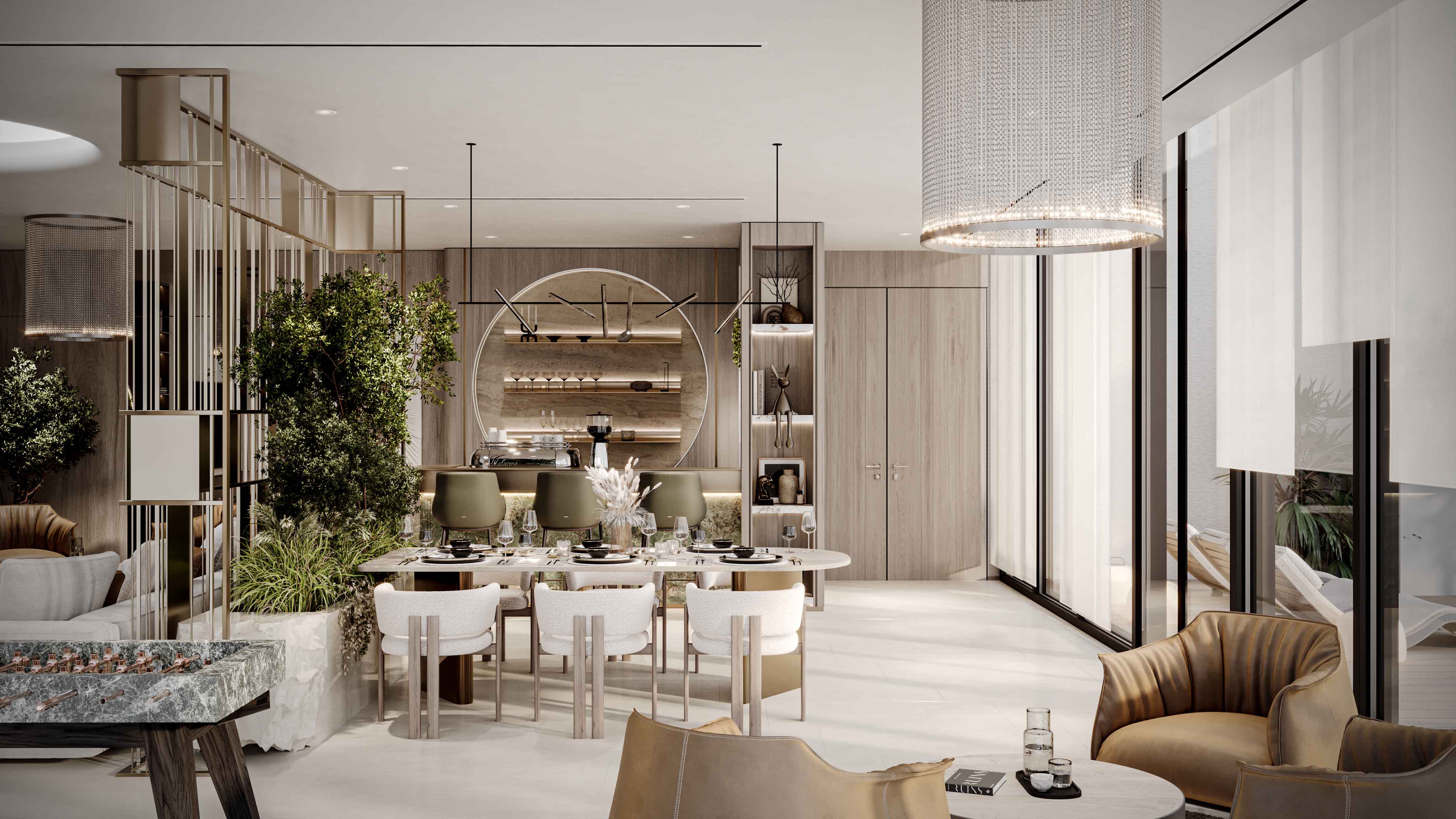 Pearl House 4 By Imtiaz A modern dining area featuring elegant furniture, greenery, and stylish decor with large windows and ample natural light.