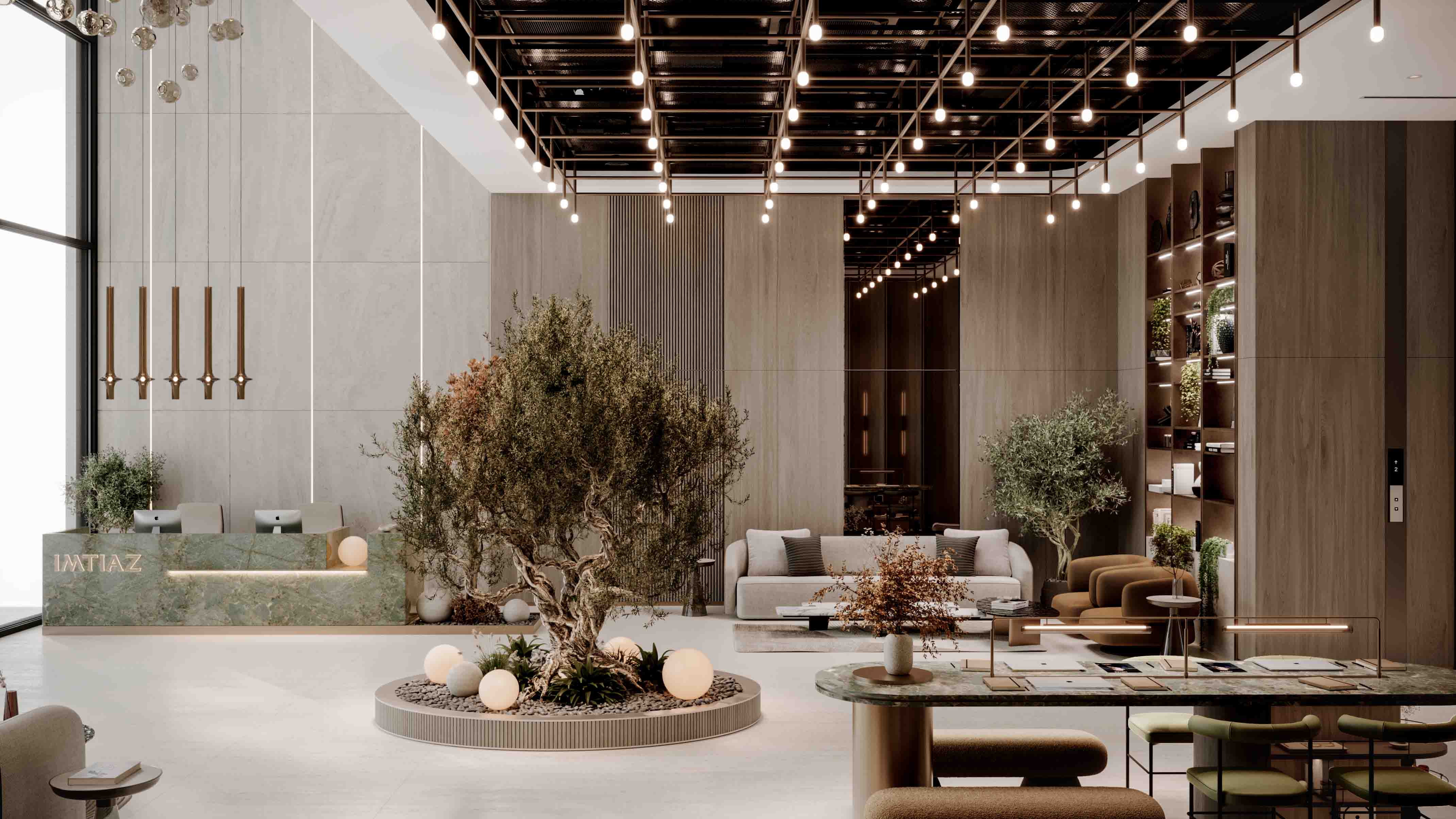 Pearl House 4 By Imtiaz A modern lobby featuring a green marble reception desk, olive trees, and stylish seating under warm lighting.