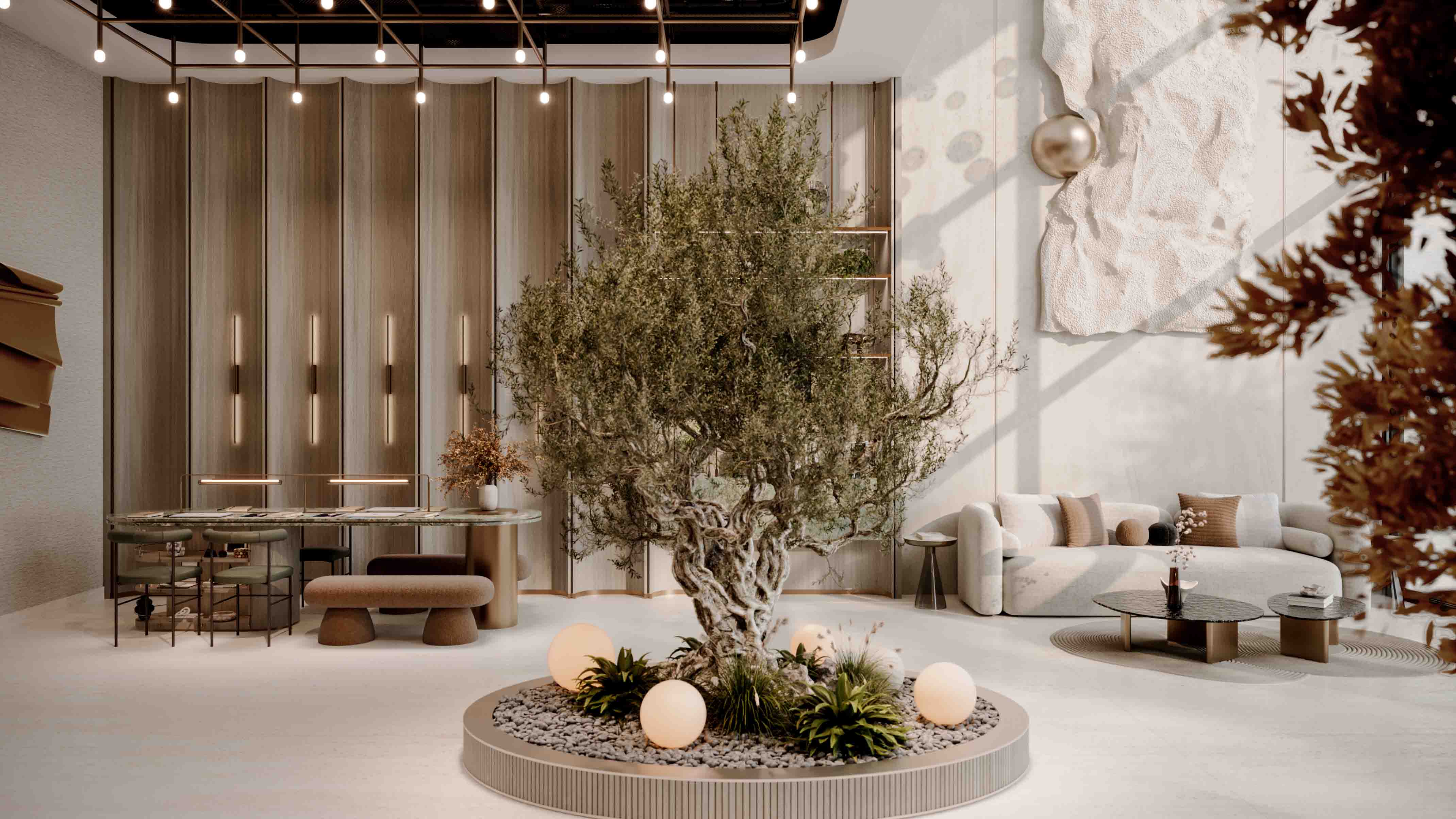 Pearl House 4 By Imtiaz A modern indoor space features a twisty olive tree, stylish furniture, and warm lighting in a bright atmosphere.