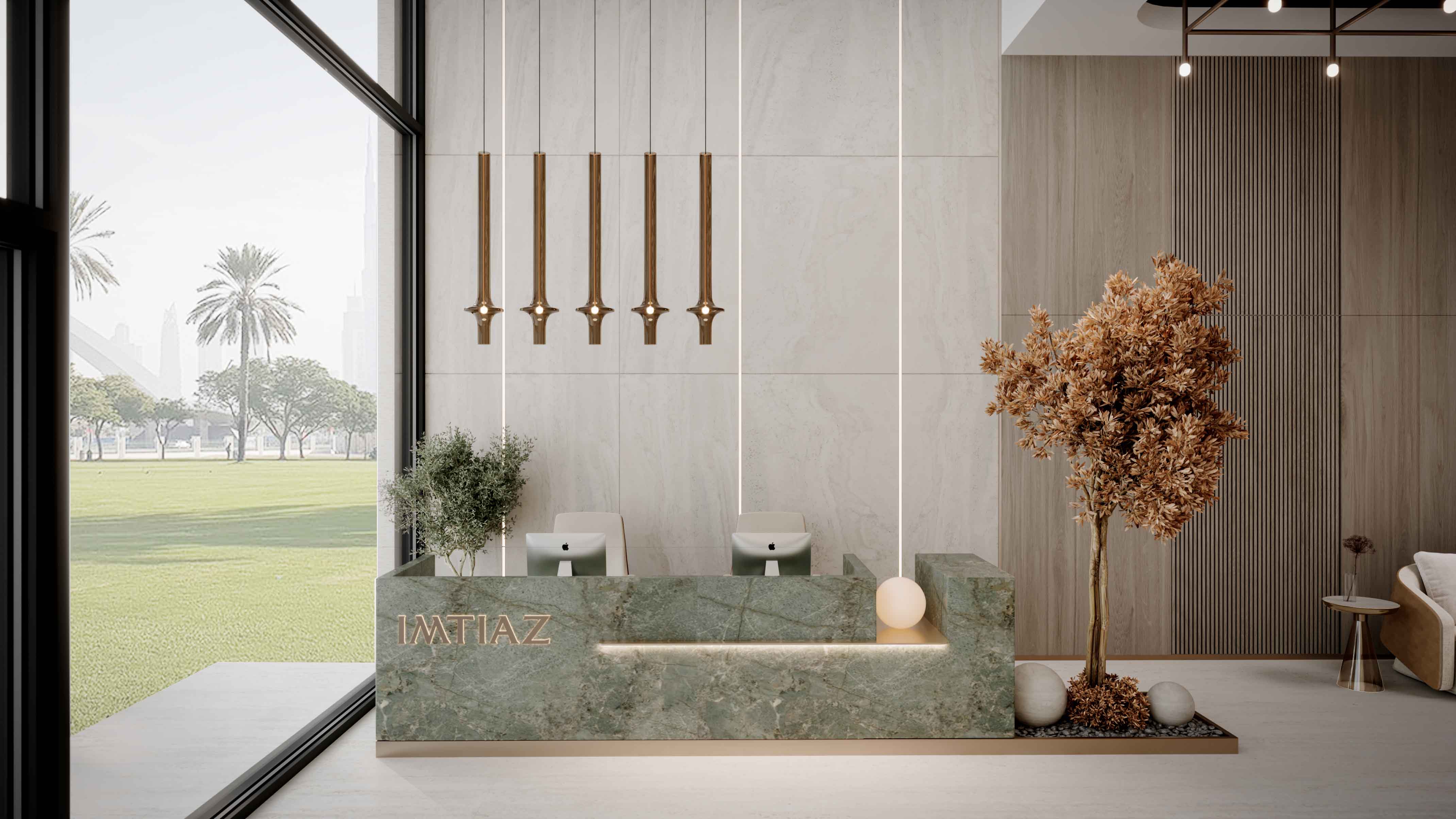 Pearl House 4 By Imtiaz Modern lobby featuring a green marble reception desk, decorative plants, and sleek lighting fixtures.