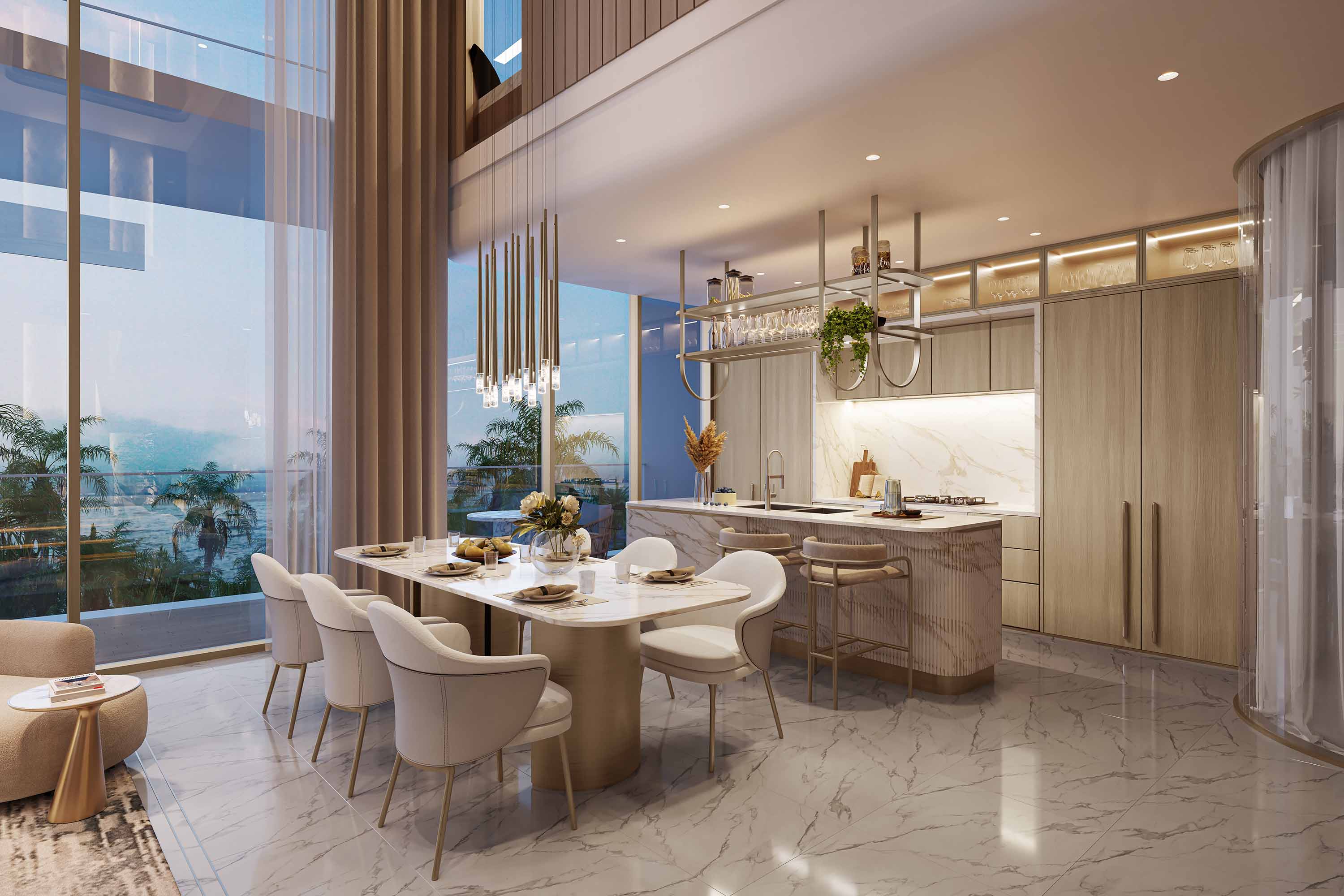 Sunset Bay 5 By Imtiaz Modern kitchen and dining area with marble finishes, elegant lighting, and a view of lush greenery outside.