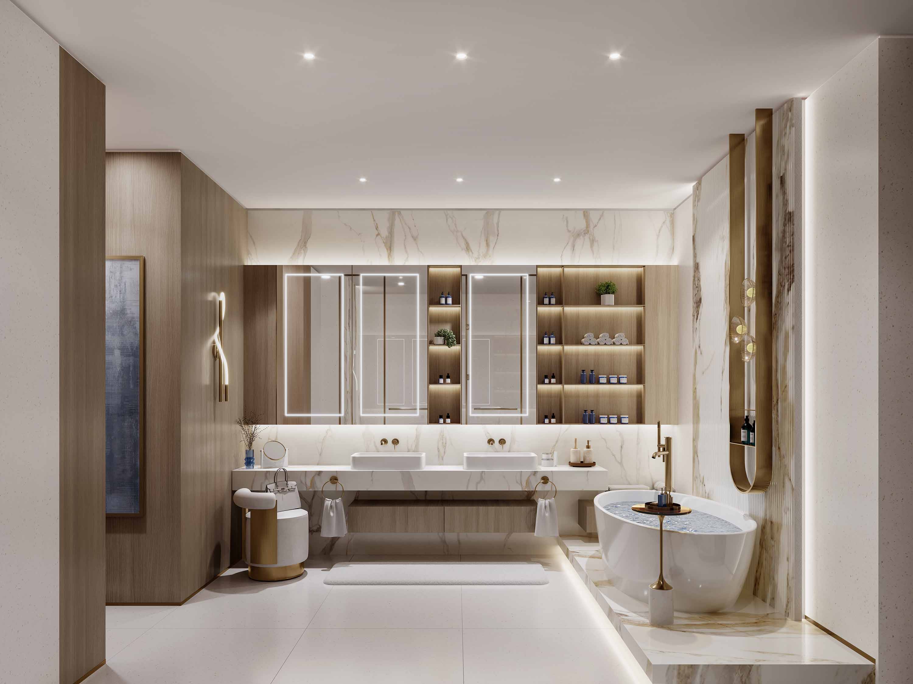 Sunset Bay 5 By Imtiaz A modern bathroom featuring elegant fixtures, a freestanding tub, double sink vanity, and stylish lighting.
