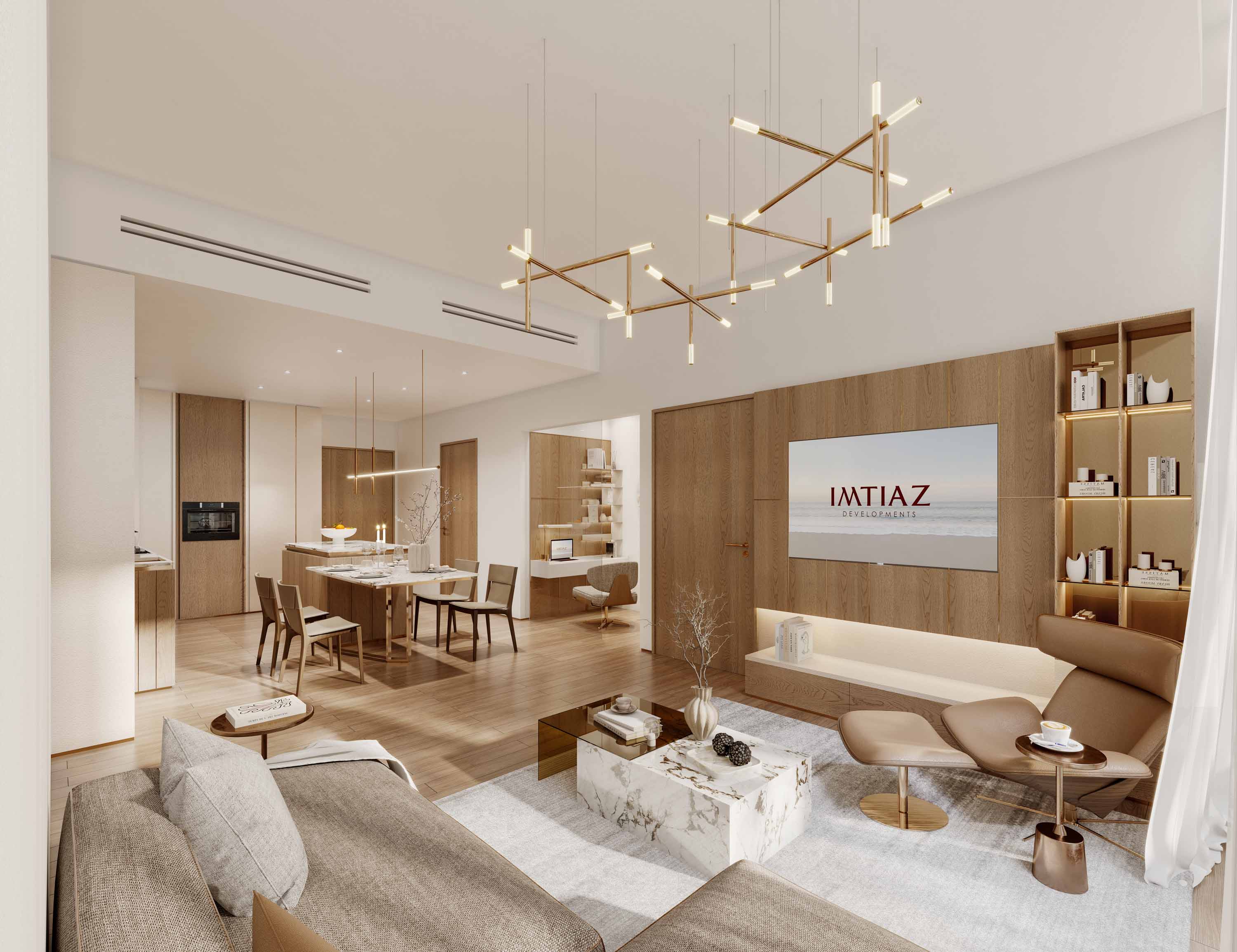 Wynwood Horizon By Imtiaz A modern living room featuring minimalist furniture, a dining area, and warm wood tones, with ample natural light.