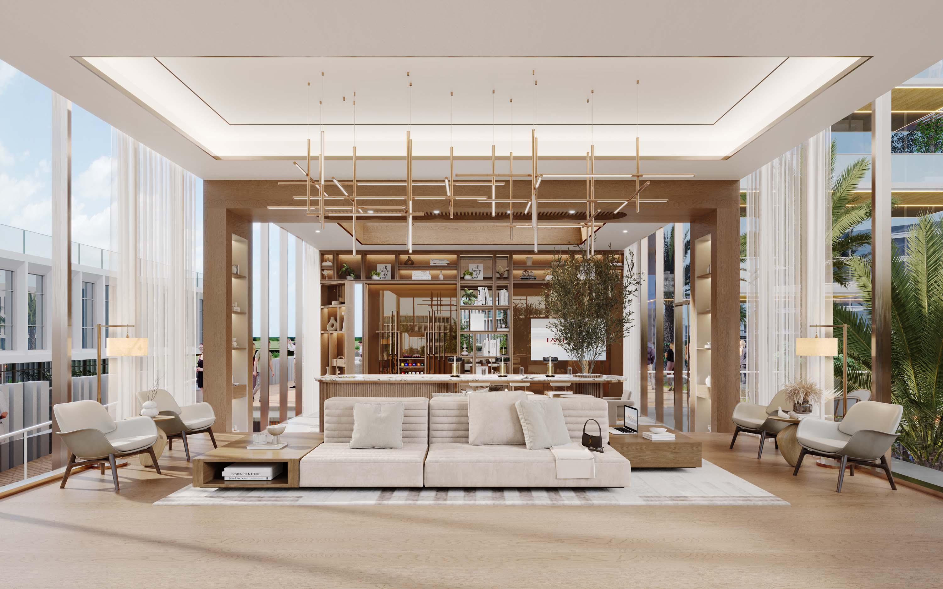Wynwood Horizon By Imtiaz A modern living room with a plush sofa, wooden accents, large windows, and elegant lighting, creating an airy ambiance.