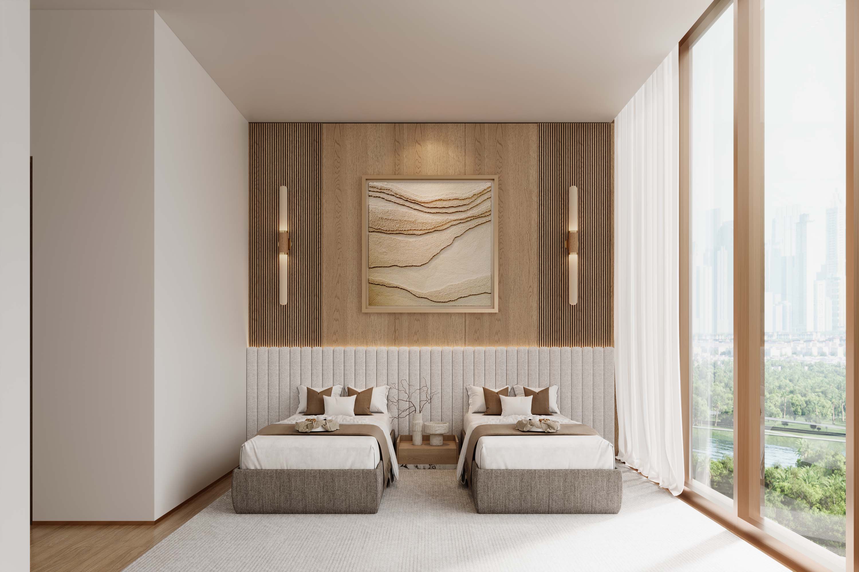 Wynwood Horizon By Imtiaz Contemporary hotel room featuring two twin beds, wall art, wooden accents, and large windows with city views.