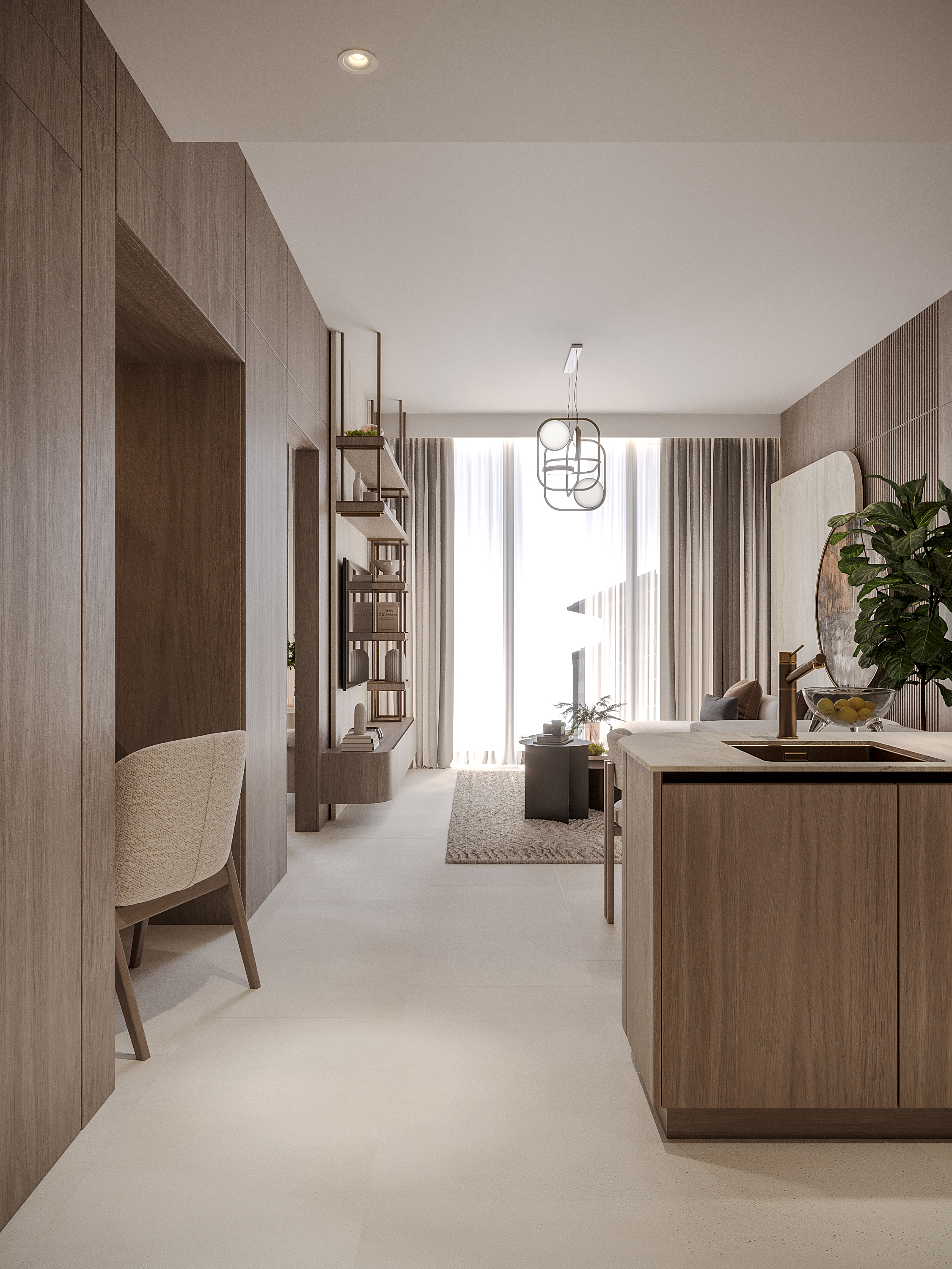 Pearl House Ii By Imtiaz A modern interior featuring a spacious kitchen, cozy seating, large windows, and warm wooden accents.