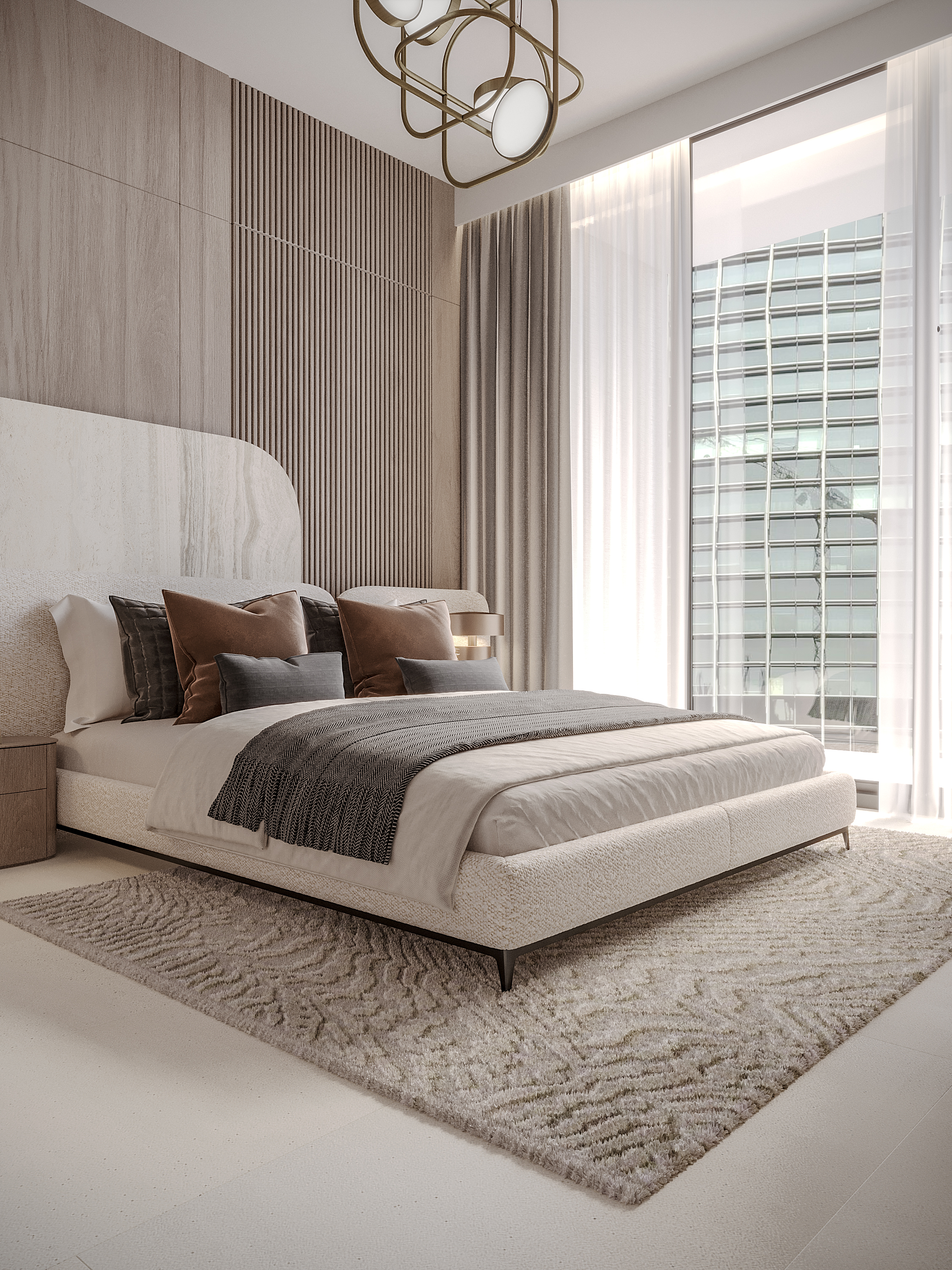 Pearl House Ii By Imtiaz Modern bedroom featuring a stylish bed with decorative pillows, large window, and contemporary lighting.