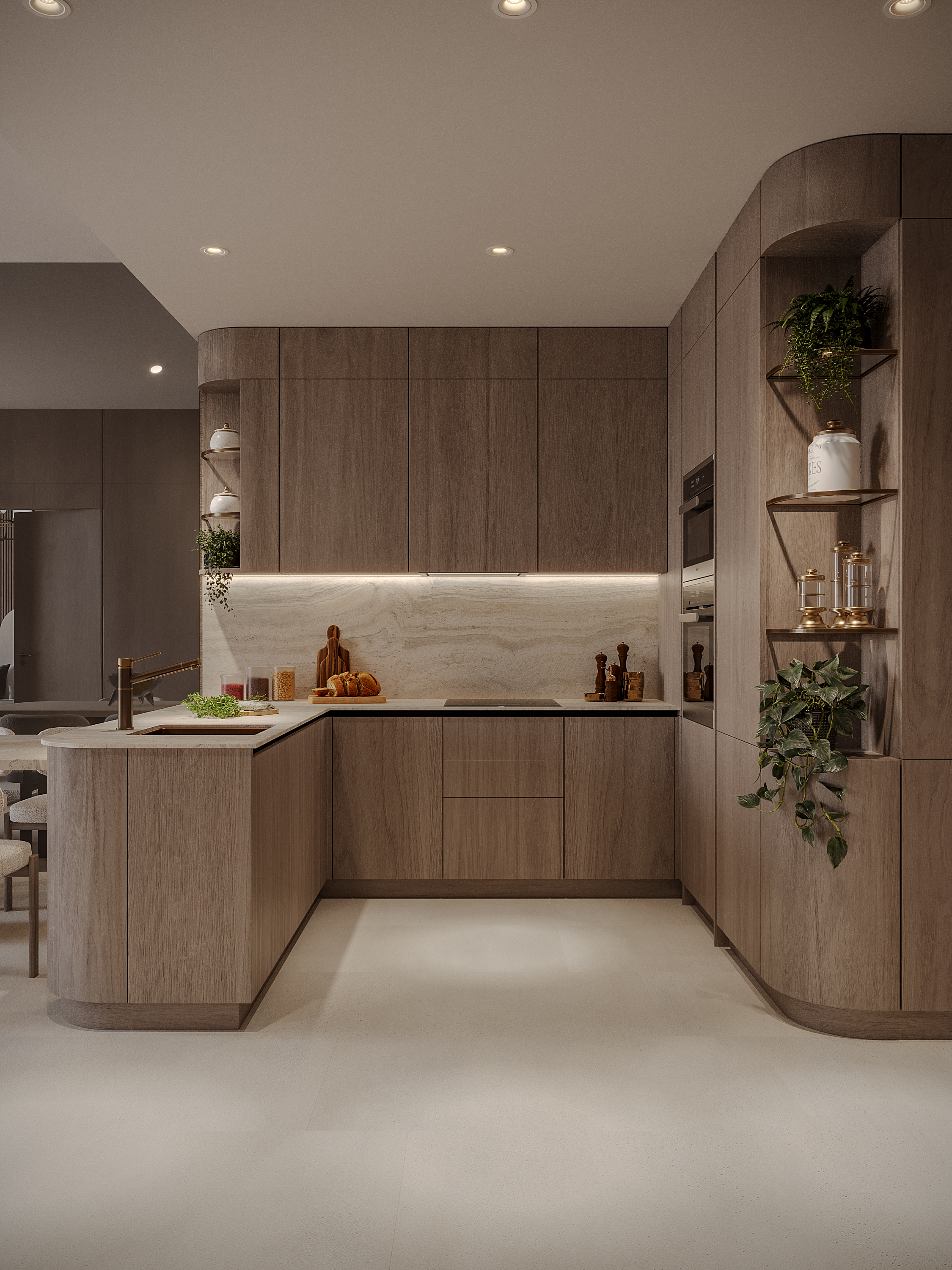 Pearl House Ii By Imtiaz Modern kitchen with wooden cabinets, a marble backsplash, plants, and stylish lighting. Warm and inviting design.