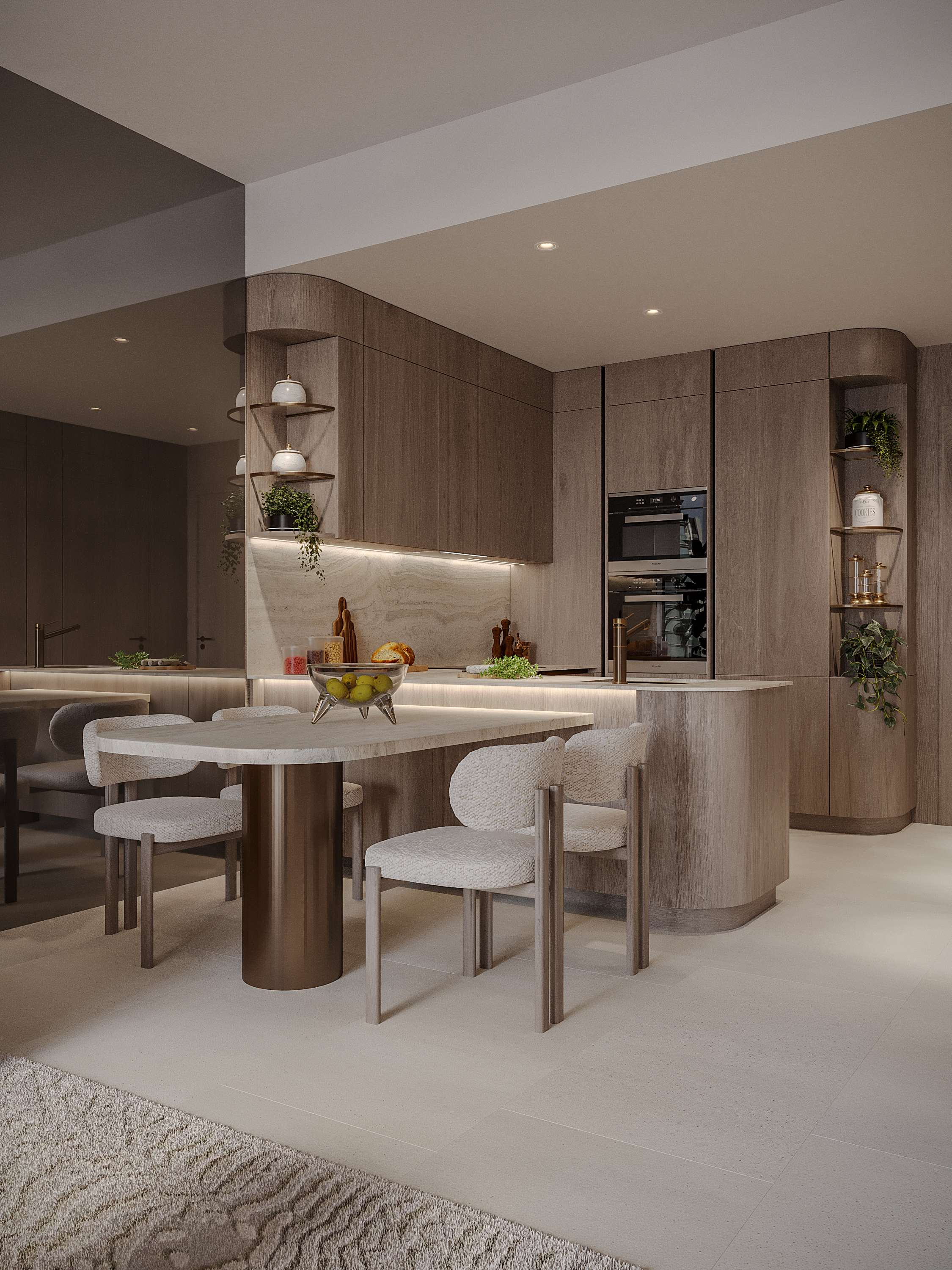 Pearl House Ii By Imtiaz Modern kitchen featuring a round dining table, upholstered chairs, wooden cabinetry, and elegant decor.