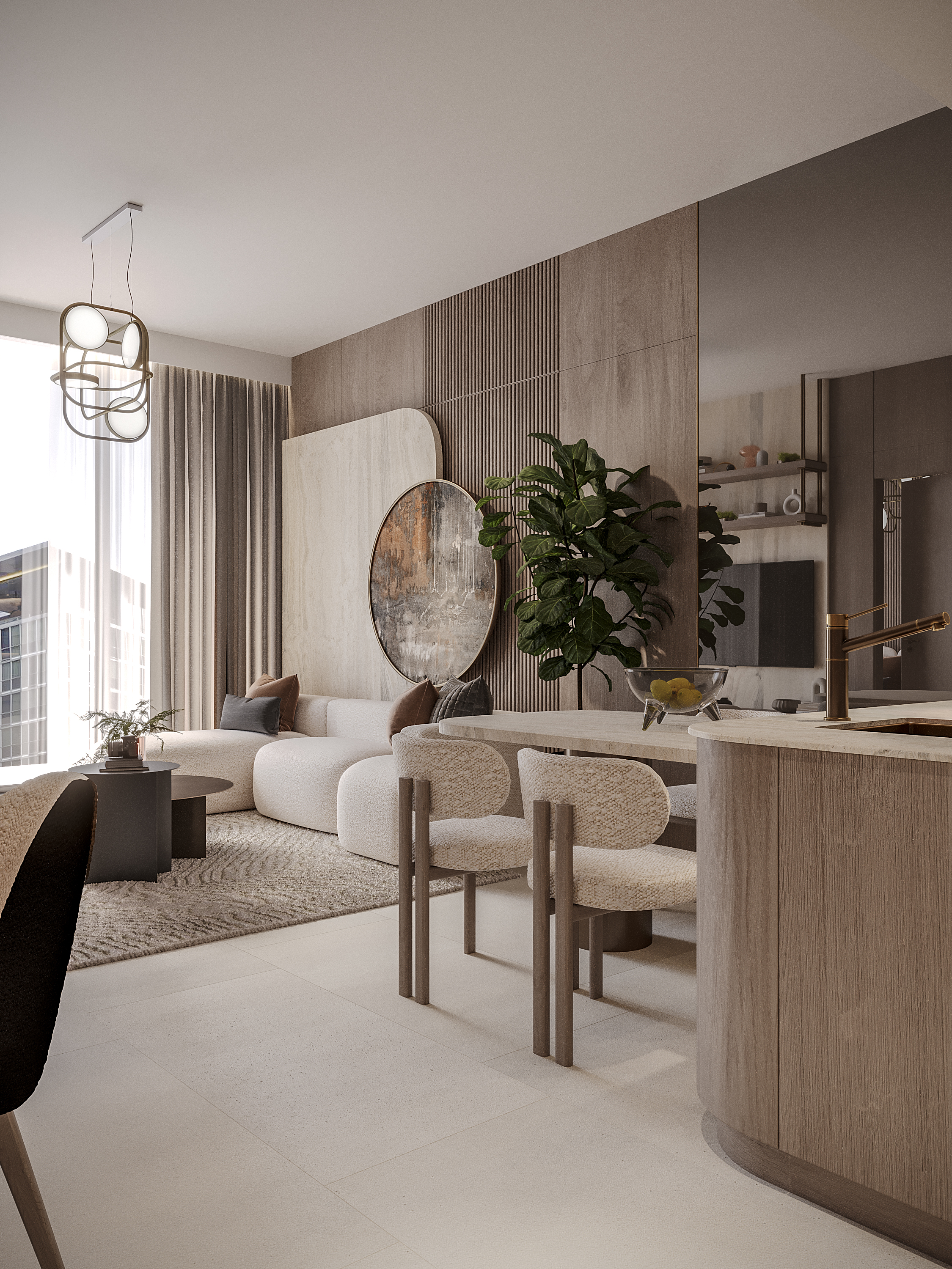 Pearl House Ii By Imtiaz A modern living space featuring a cozy sofa, dining area, plants, and stylish decor elements in neutral tones.