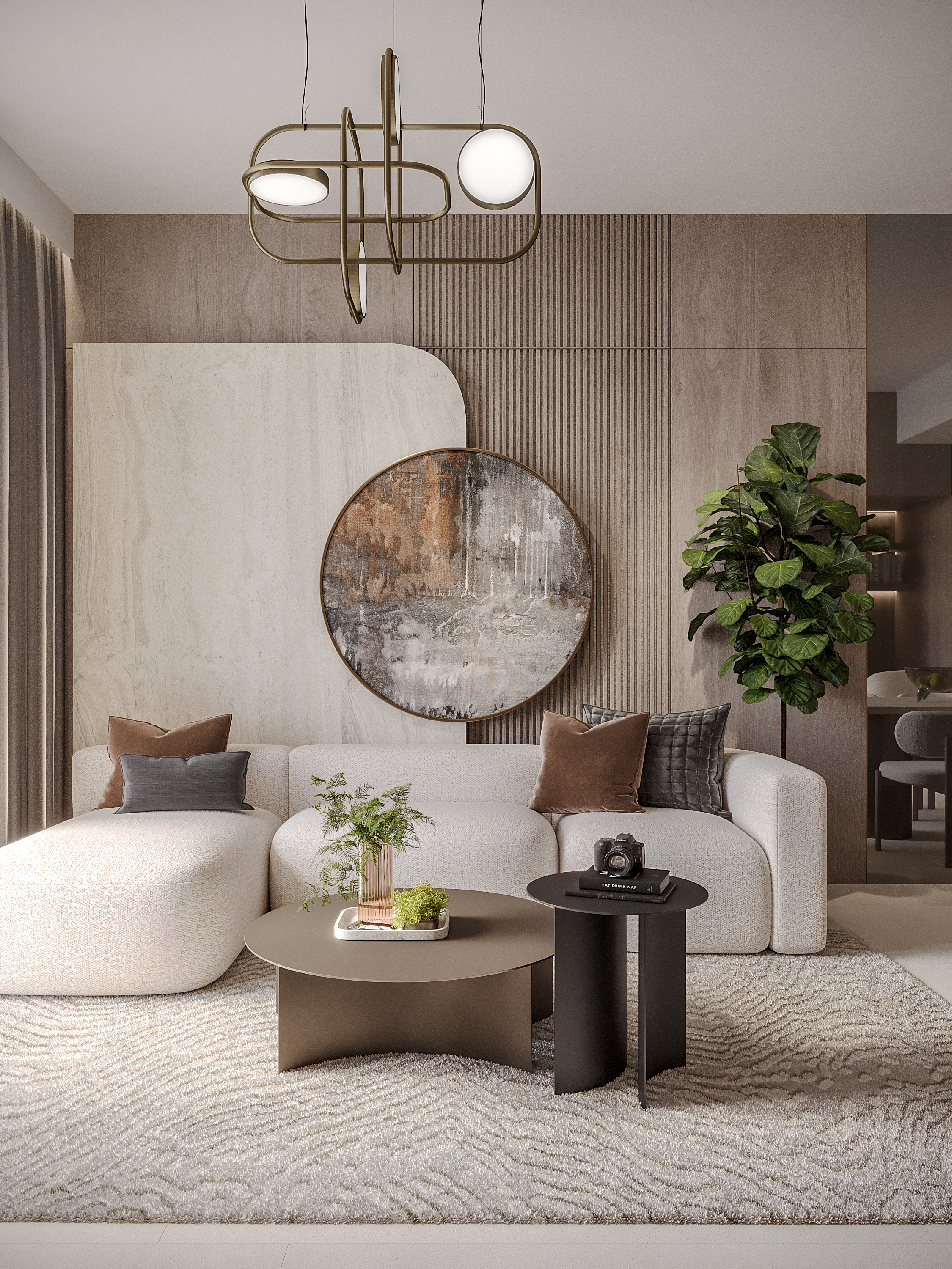 Pearl House Ii By Imtiaz A modern living room featuring a light-colored sofa, decorative pillows, a circular painting, plants, and unique lighting.