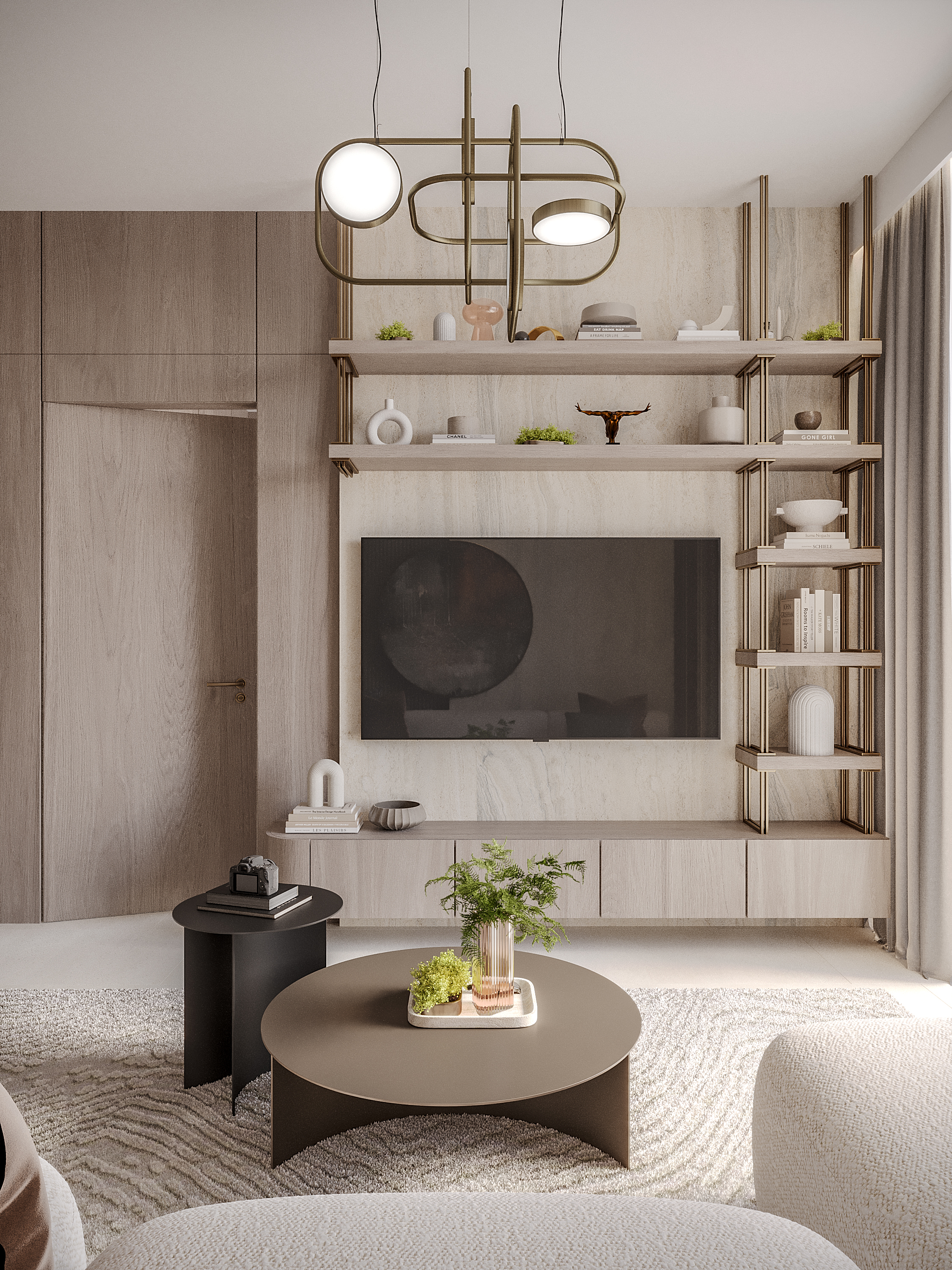 Pearl House Ii By Imtiaz A modern living room featuring stylish furniture, a TV, decorative shelves, and a chic light fixture.