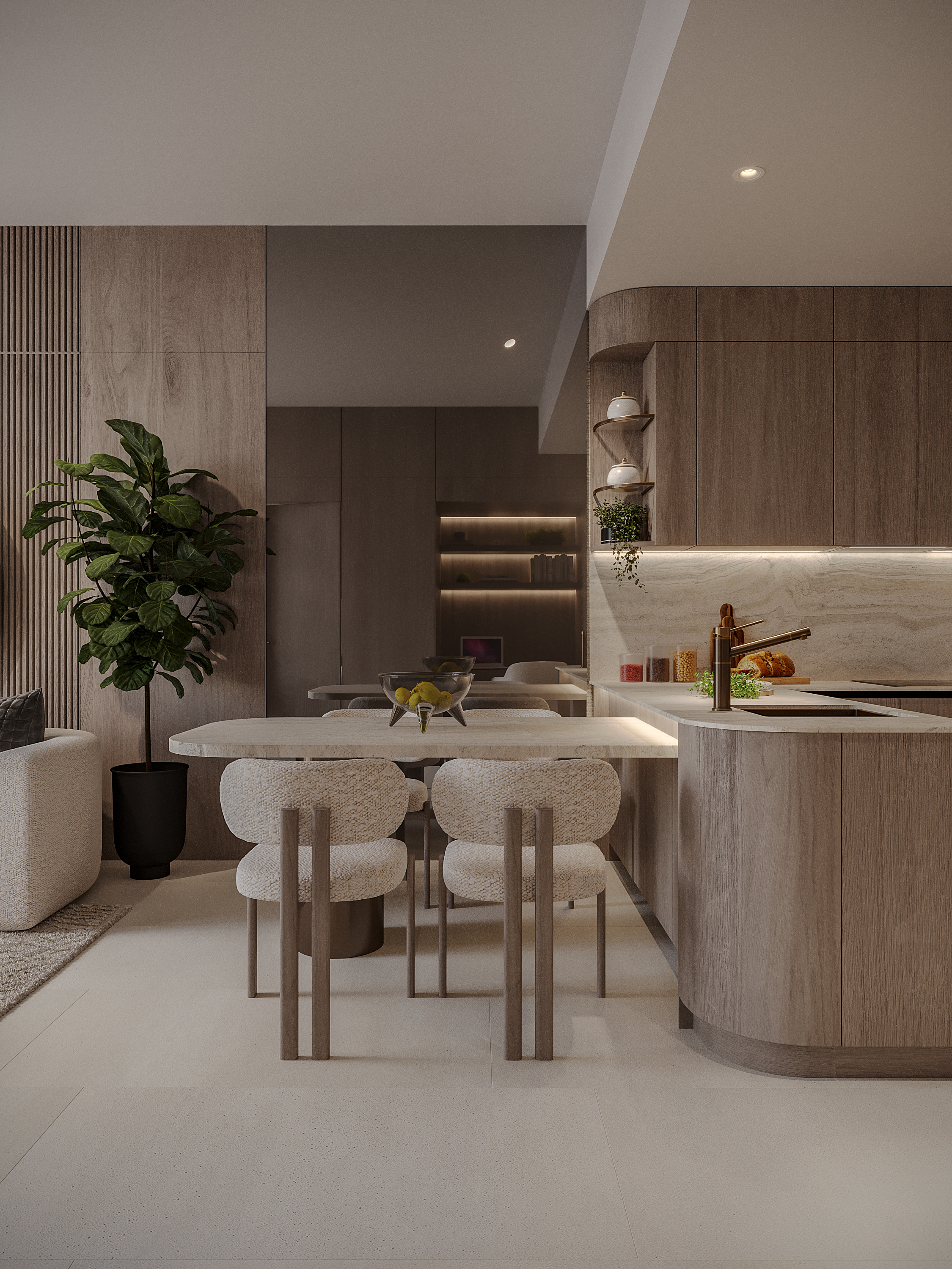Pearl House Ii By Imtiaz A modern kitchen featuring wooden cabinetry, a round dining table with upholstered chairs, and indoor plants.