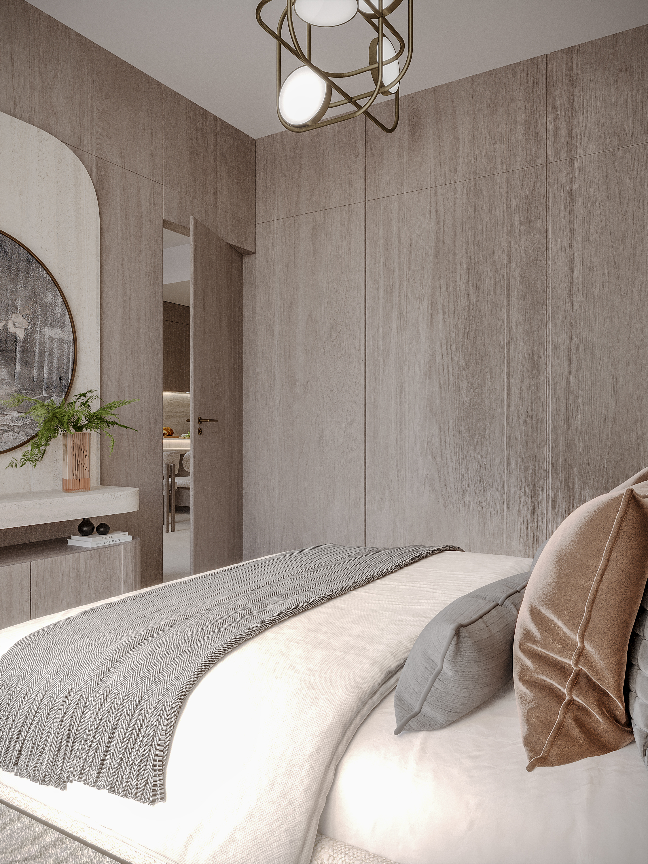 Pearl House Ii By Imtiaz A modern bedroom featuring a cozy bed, decorative pillows, minimalist design, and warm wood accents.