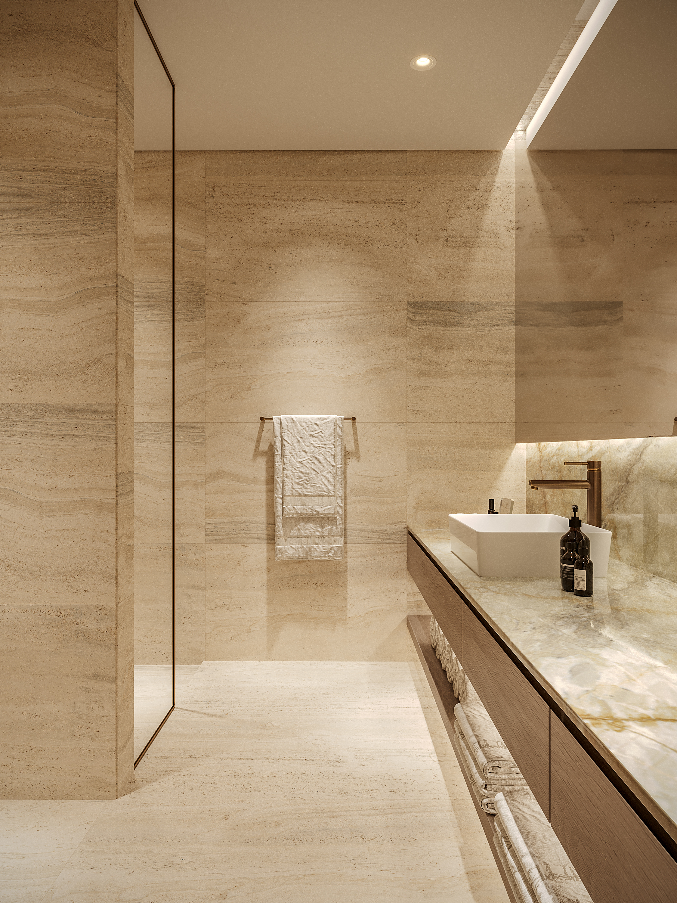Pearl House Ii By Imtiaz A modern bathroom featuring stone walls, a sleek vanity with a washbasin, and neatly arranged towels.