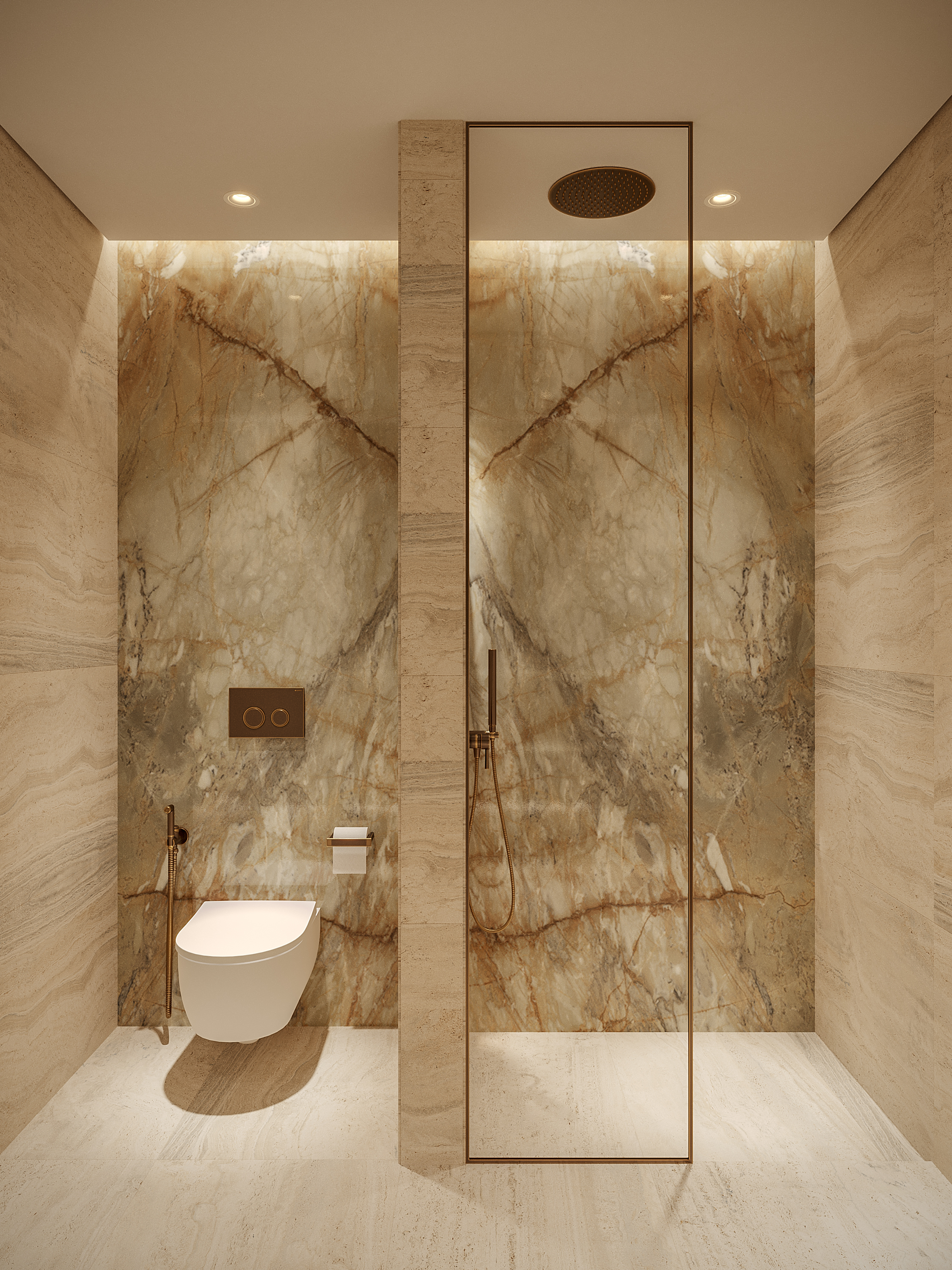 Pearl House Ii By Imtiaz Modern bathroom featuring elegant marble walls, a luxury shower, and a sleek toilet design.