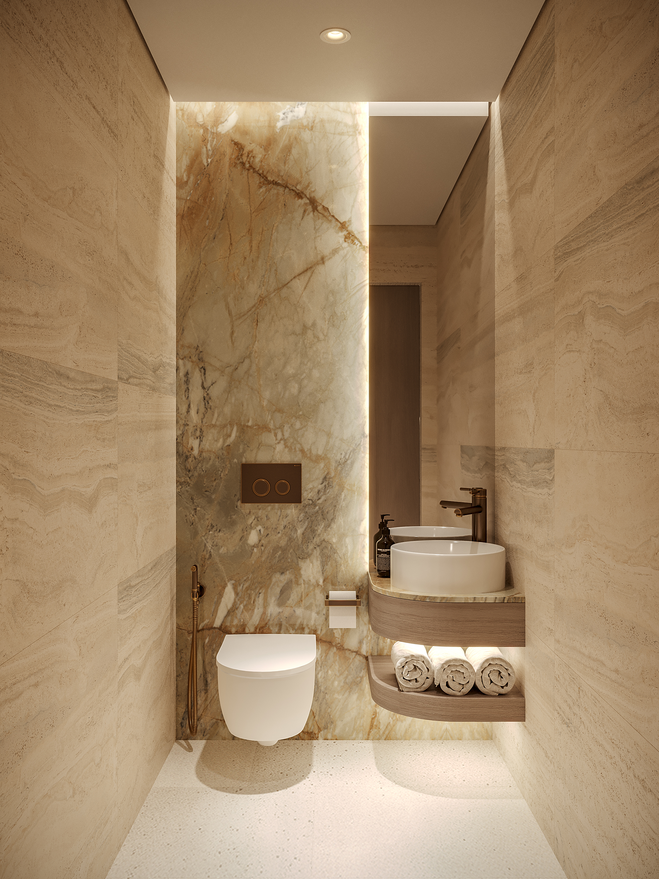 Pearl House Ii By Imtiaz A modern bathroom featuring elegant stone walls, a white toilet, a stylish sink, and neatly stacked towels.
