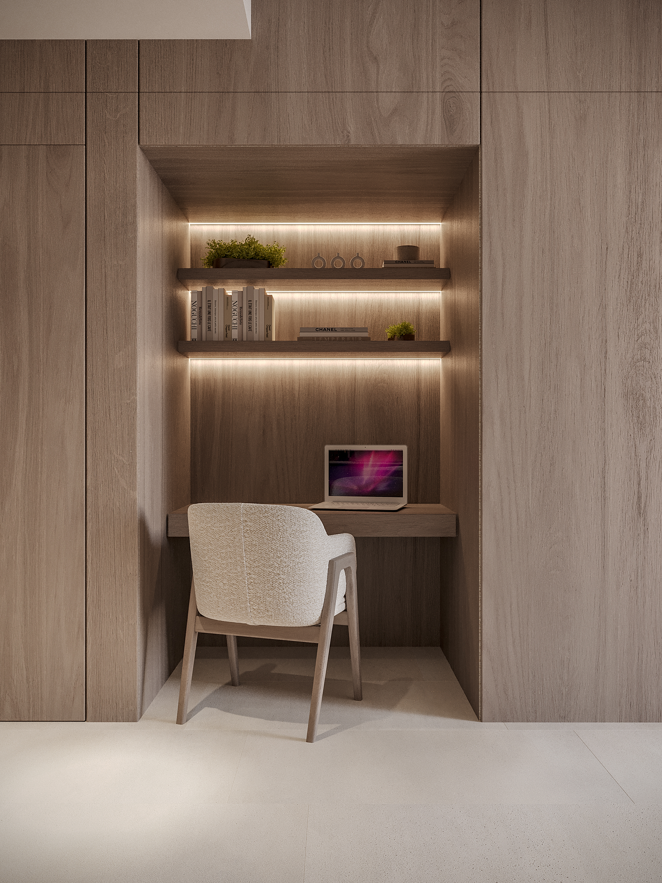 Pearl House Ii By Imtiaz A minimalist workspace featuring a light wood wall, a desk with a laptop, and illuminated shelves with decor.