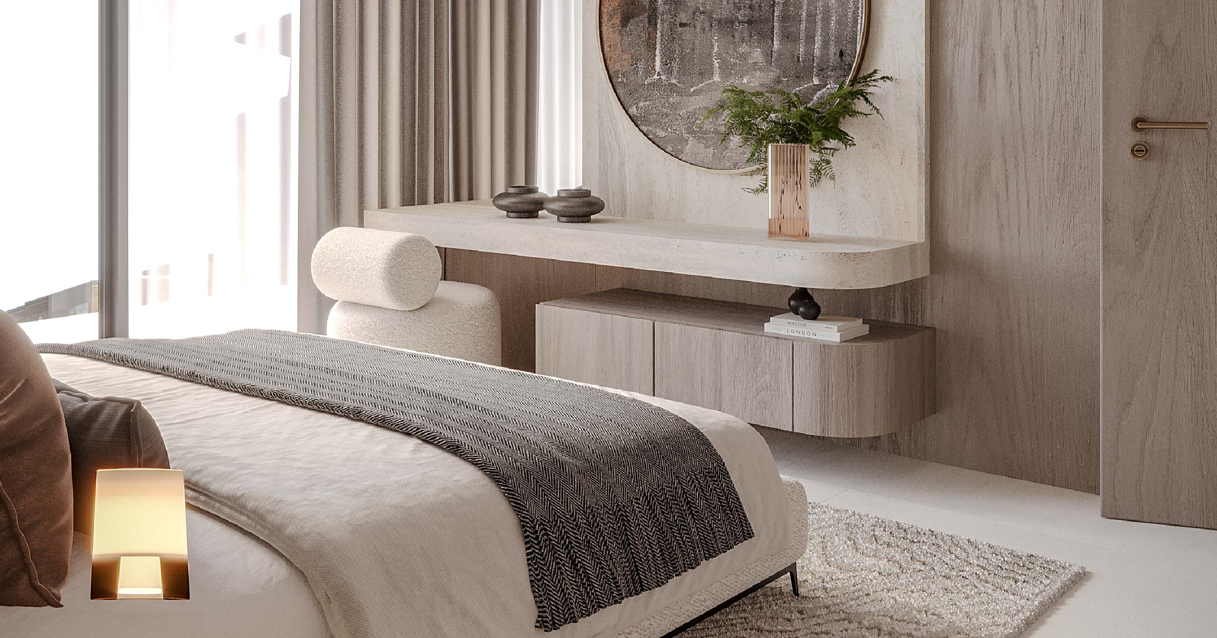 Pearl House By Imtiaz A modern bedroom featuring a cozy bed, wooden furniture, decorative items, and soft textures in neutral colors.