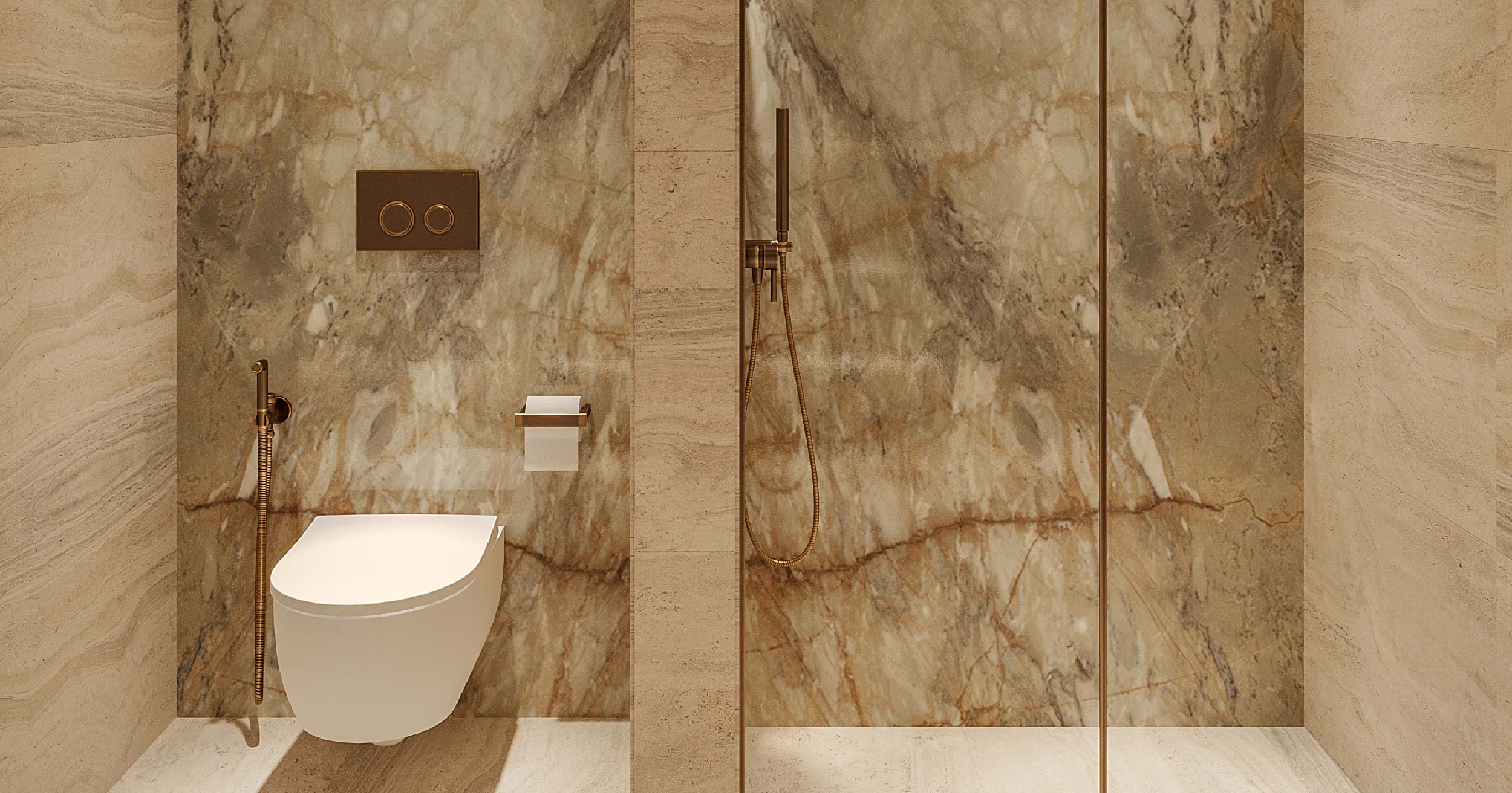 Pearl House By Imtiaz A modern bathroom featuring a sleek white toilet and a luxurious shower area with marble walls.