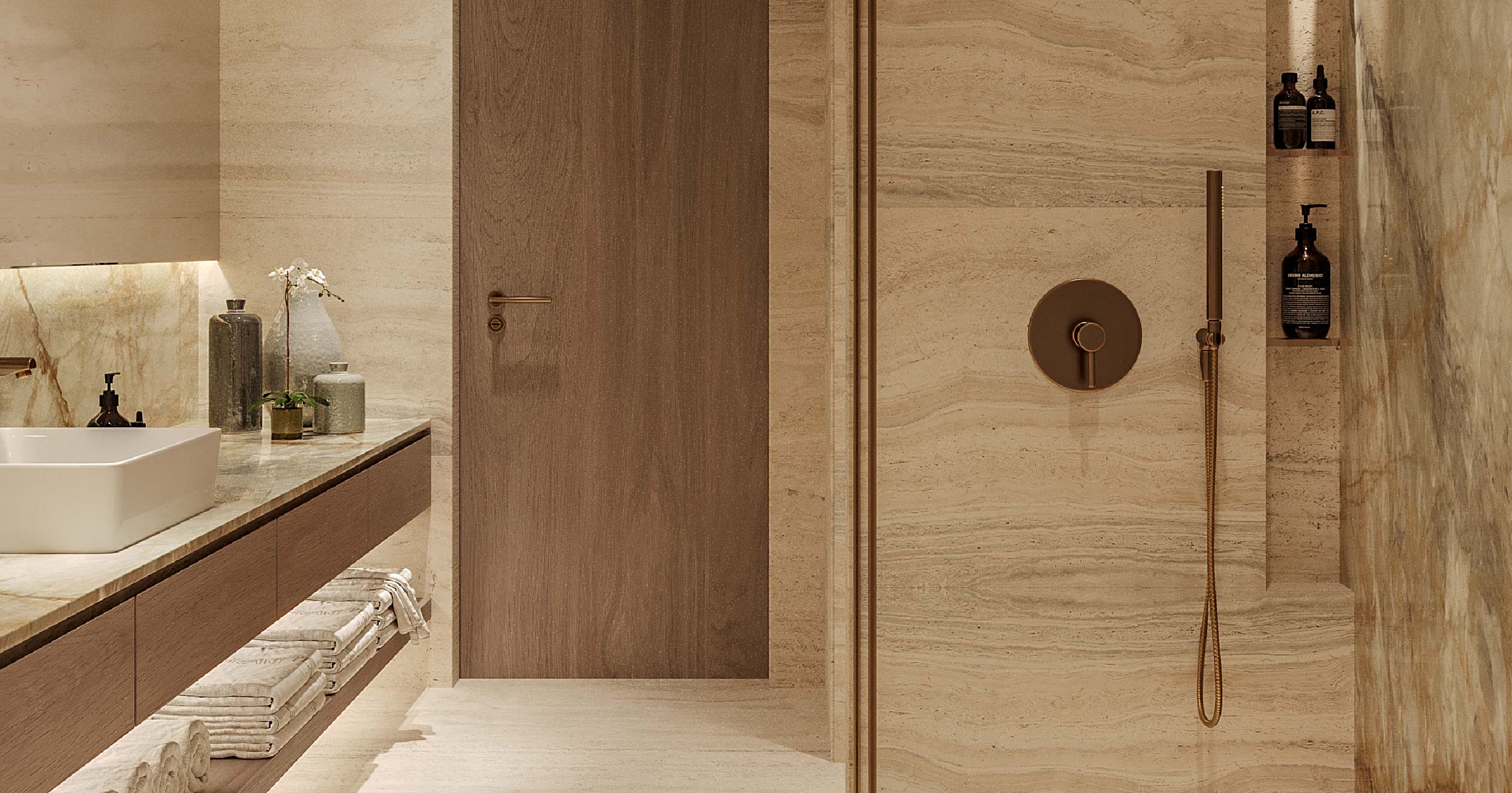 Pearl House By Imtiaz A modern bathroom featuring a wooden door, elegant sink, and storage with towels, accented by stylish decor.