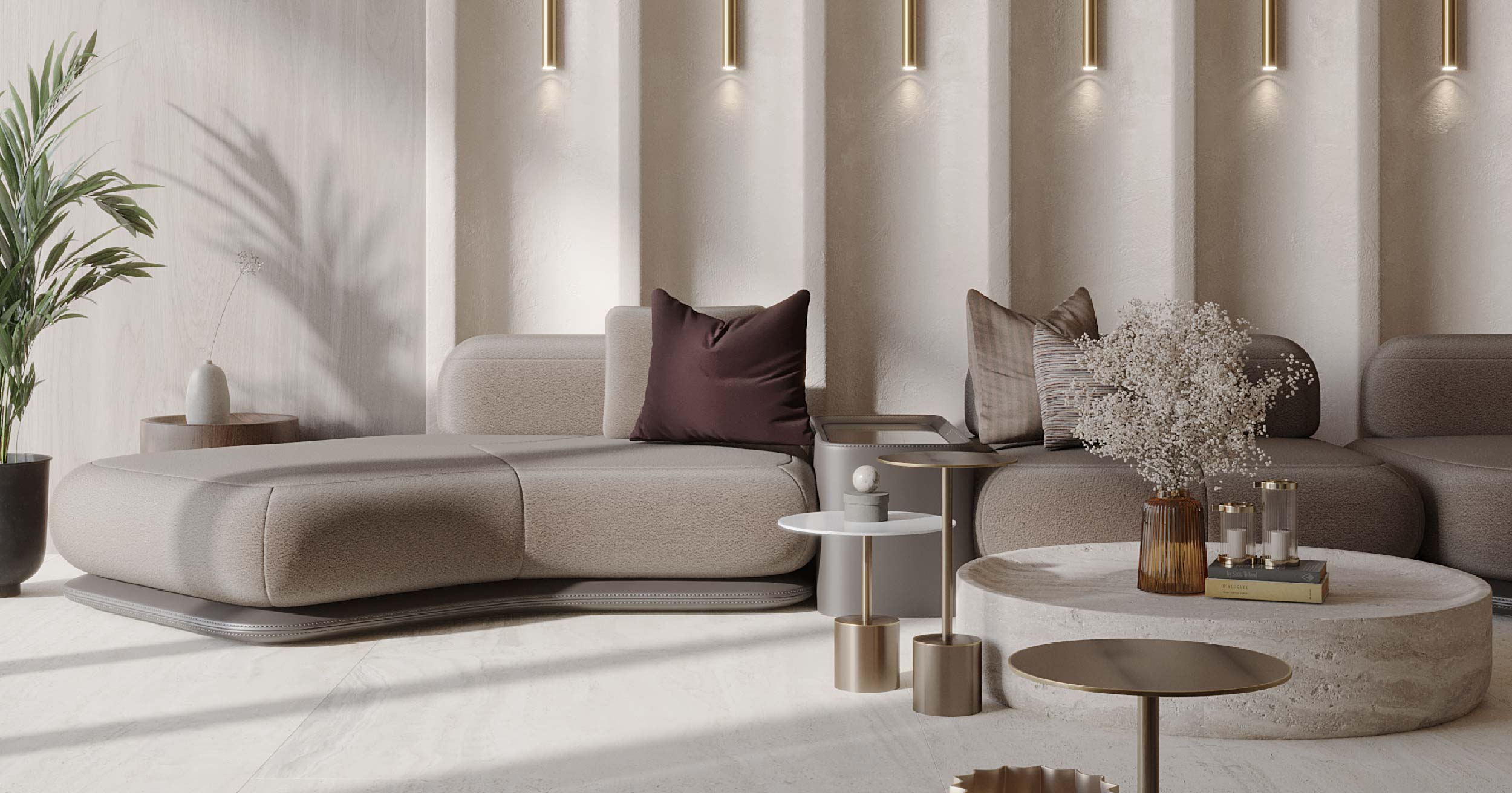 Pearl House By Imtiaz Modern living room featuring a curved sofa, decorative pillows, a coffee table, plants, and stylish lighting.