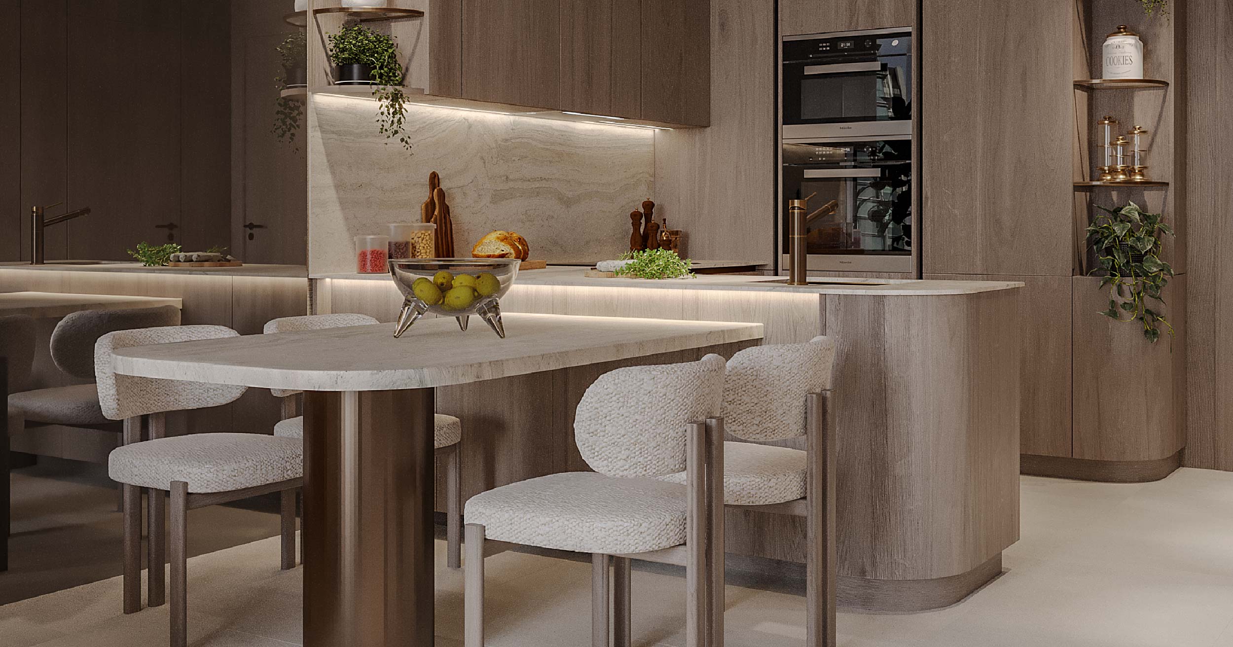 Pearl House By Imtiaz Modern kitchen featuring a stone dining table, plush chairs, sleek cabinetry, and ambient lighting.