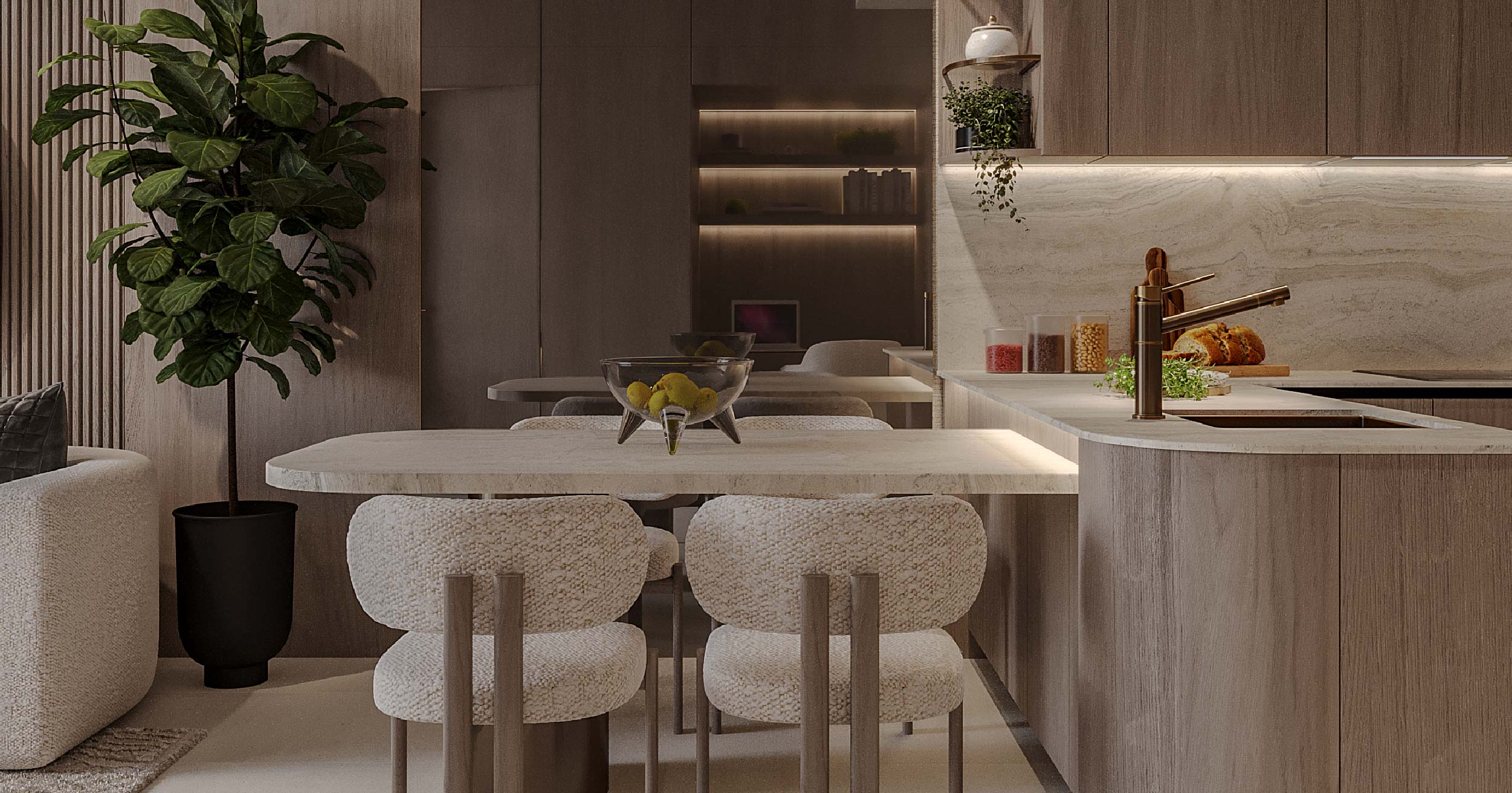 Pearl House By Imtiaz A modern kitchen with wood finishes, a table with plush chairs, a plant, and decorative bowls on the countertop.