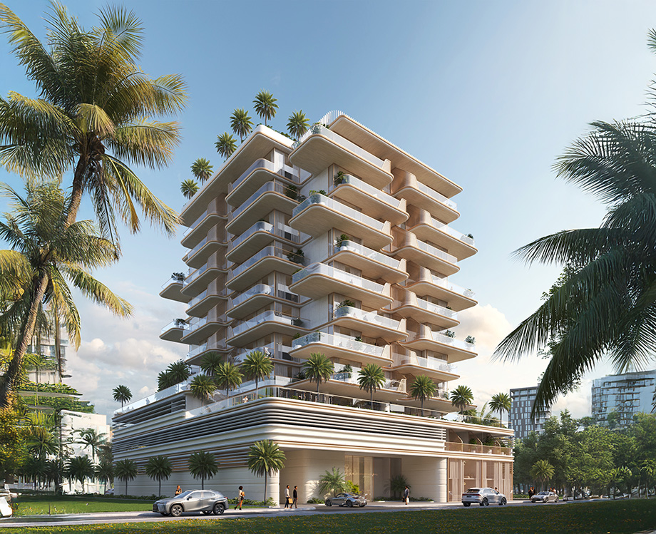Properties Modern multi-story building with balconies, surrounded by palm trees and greenery under a clear blue sky.