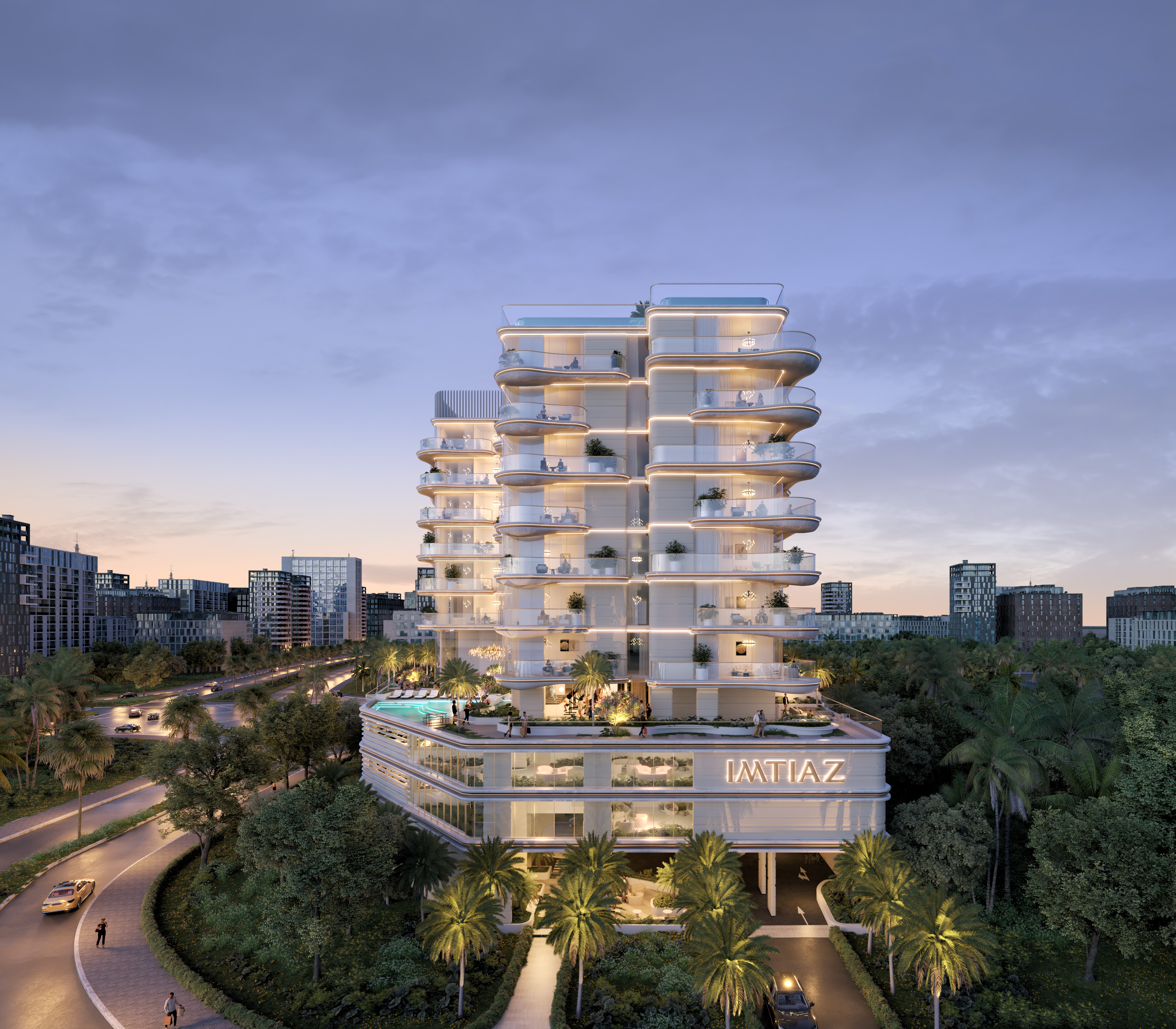 Properties A modern multi-story building with balconies, pool, and lush greenery, set against a city skyline at dusk.