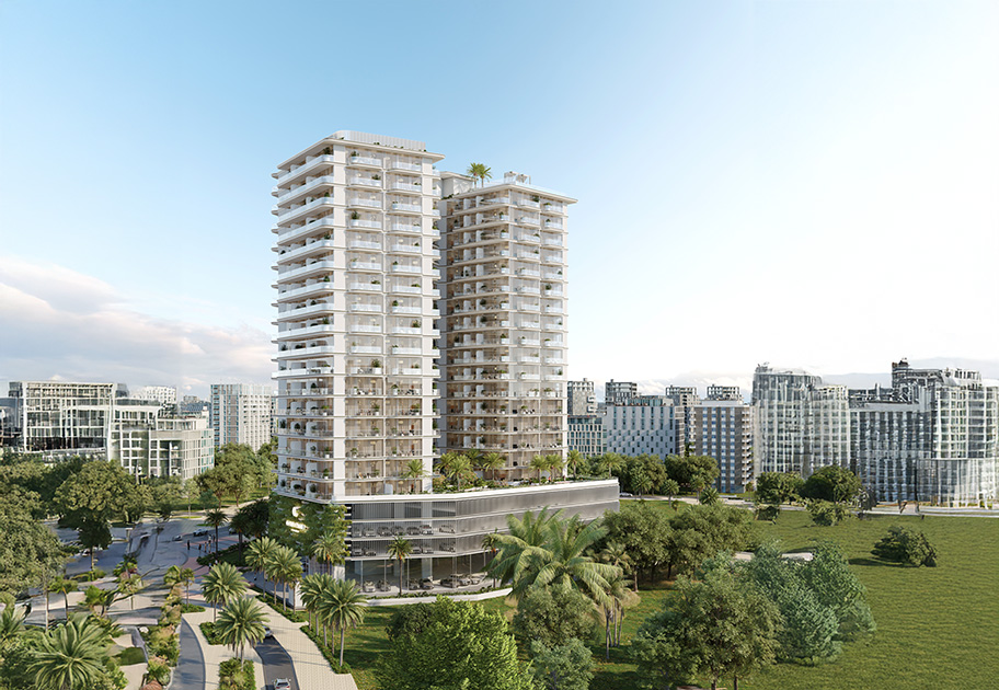 Properties Modern residential buildings with balconies, surrounded by greenery and other urban structures under a clear sky.